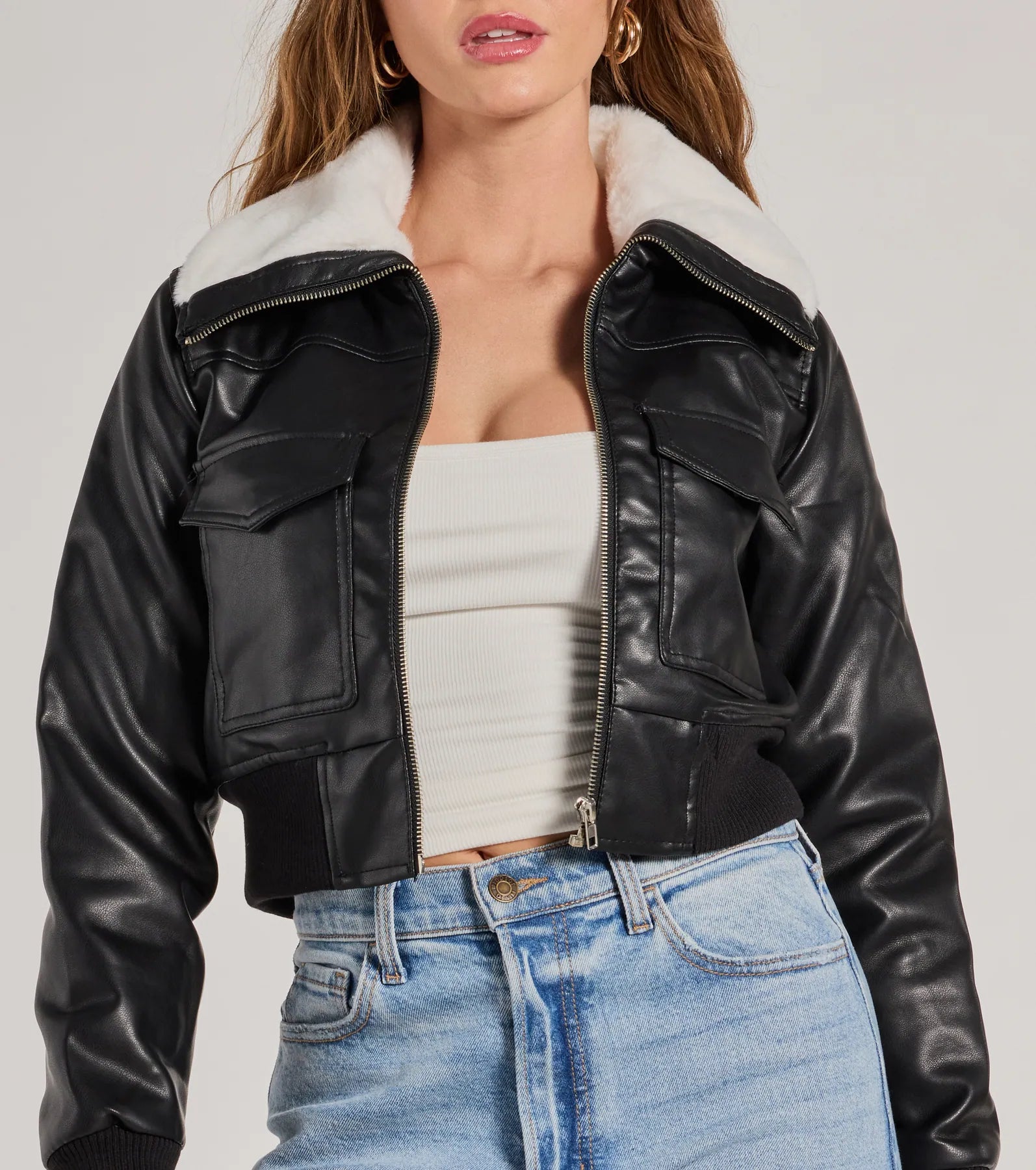 Premium Faux Leather Bomber Jacket with Sherpa Collar