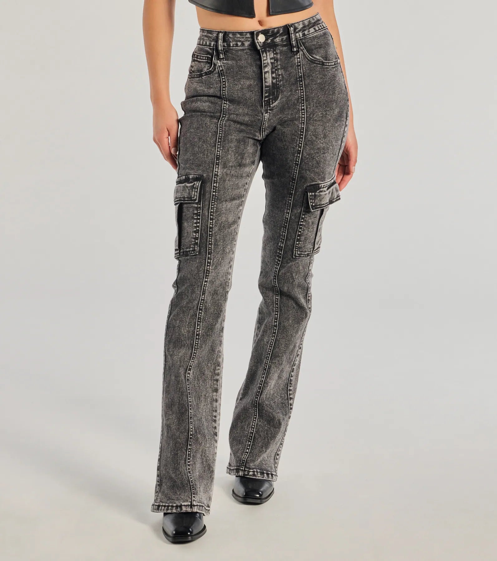 Premium High-Rise Acid Wash Cargo Jeans - Upgrade Your Style