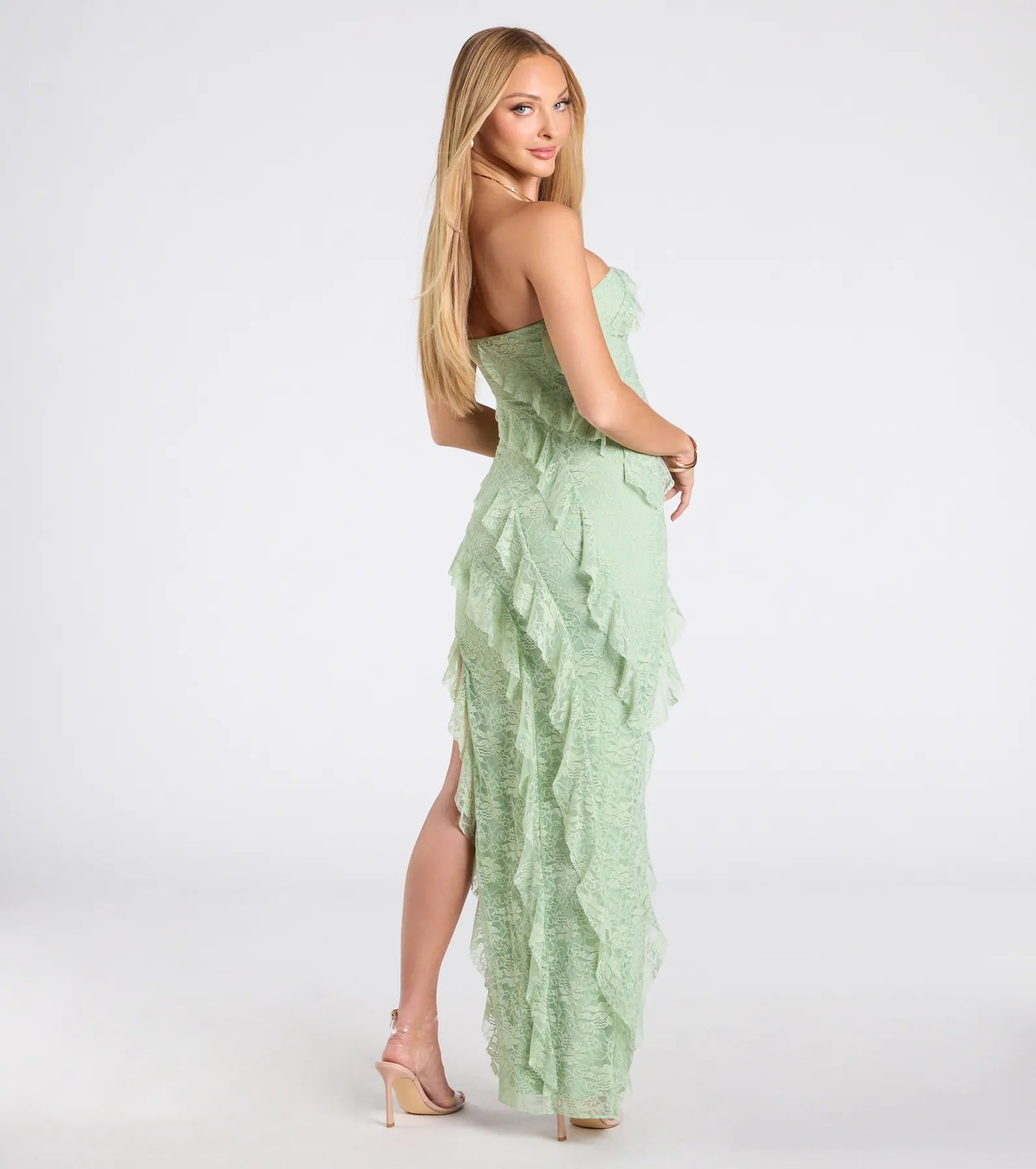 Ellie Premium Ruffled Lace High Slit Formal Dress