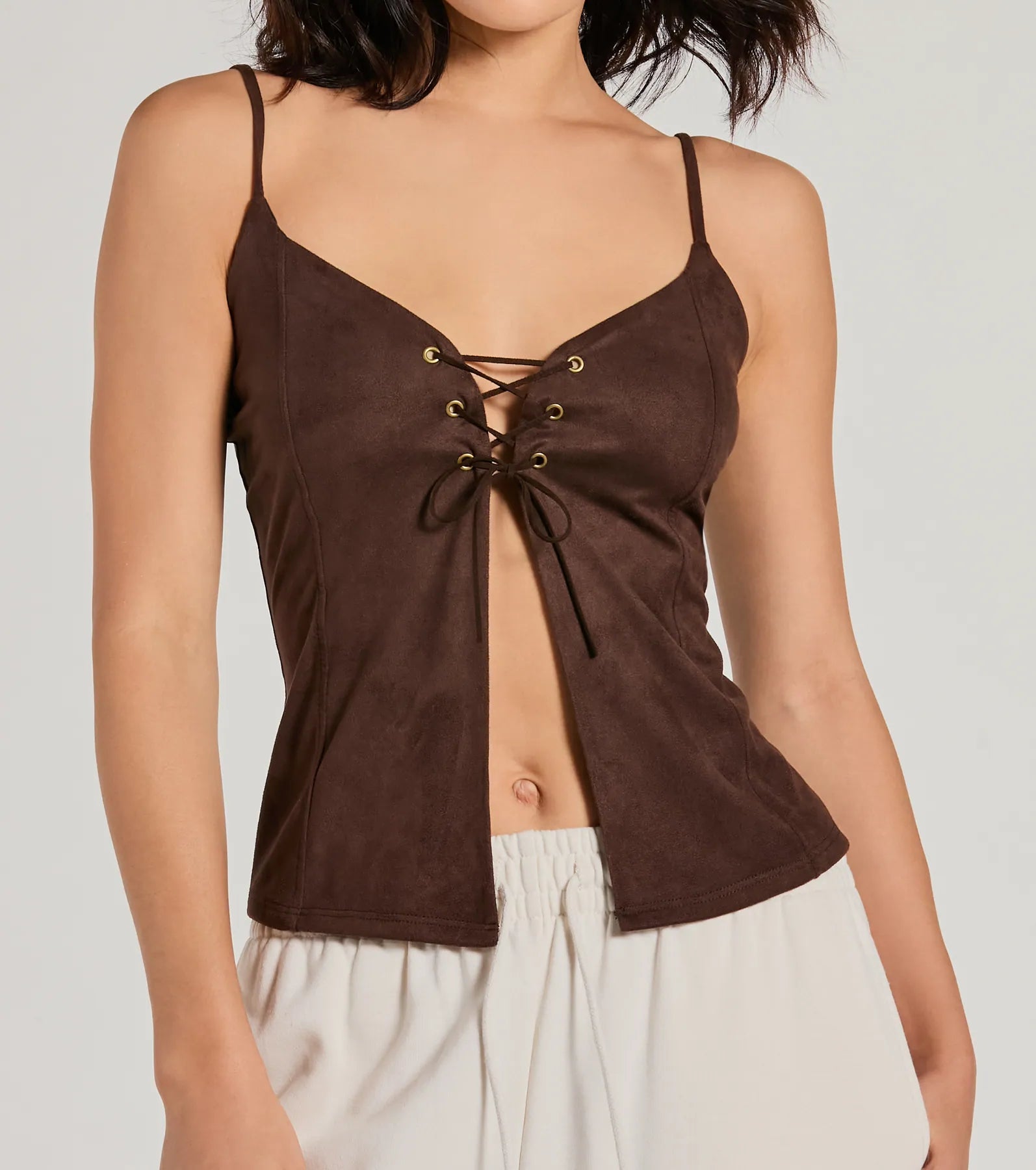 Premium Lace-Up Faux Suede Crop Top