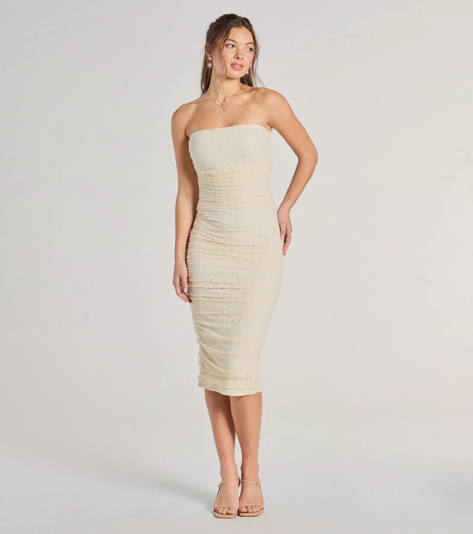 Premium Lacey Affair Strapless Bodycon Midi Dress - Ultimate Elegance