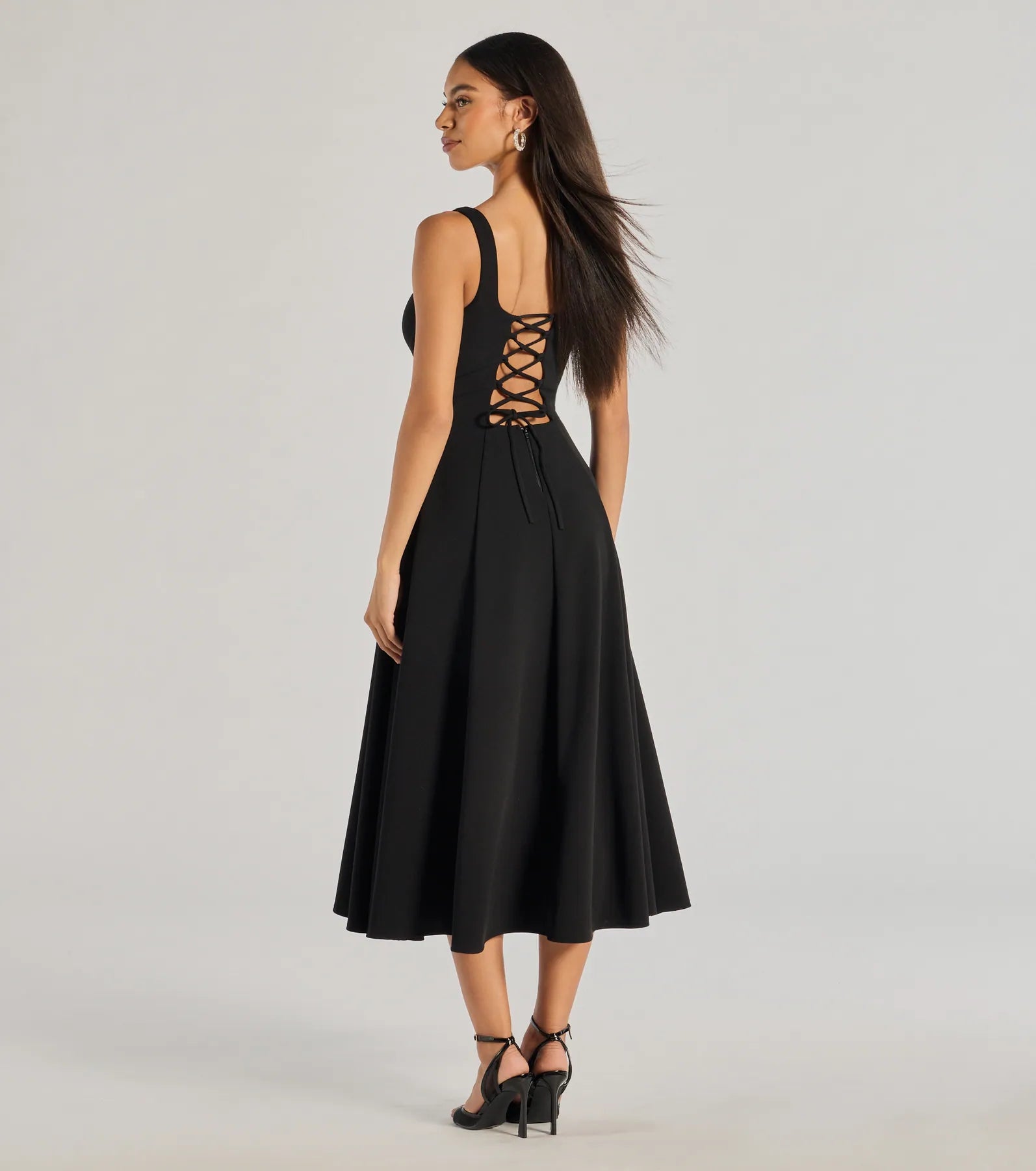 Premium Silvia Lace-Up Fit & Flare Midi Dress for Special Occasions