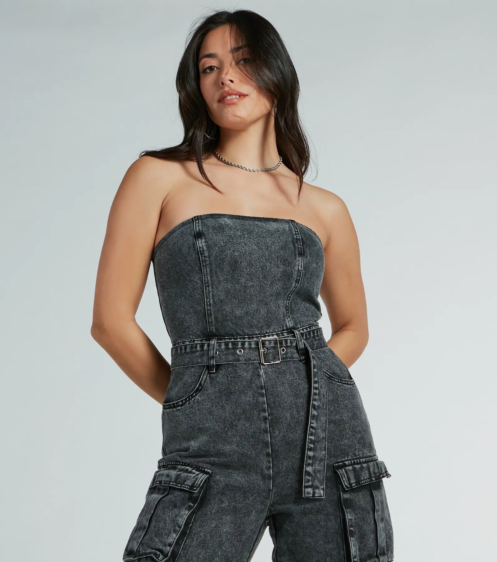 Ultimate Acid-Wash Denim Jumpsuit: Strapless Cargo Wide-Leg Style