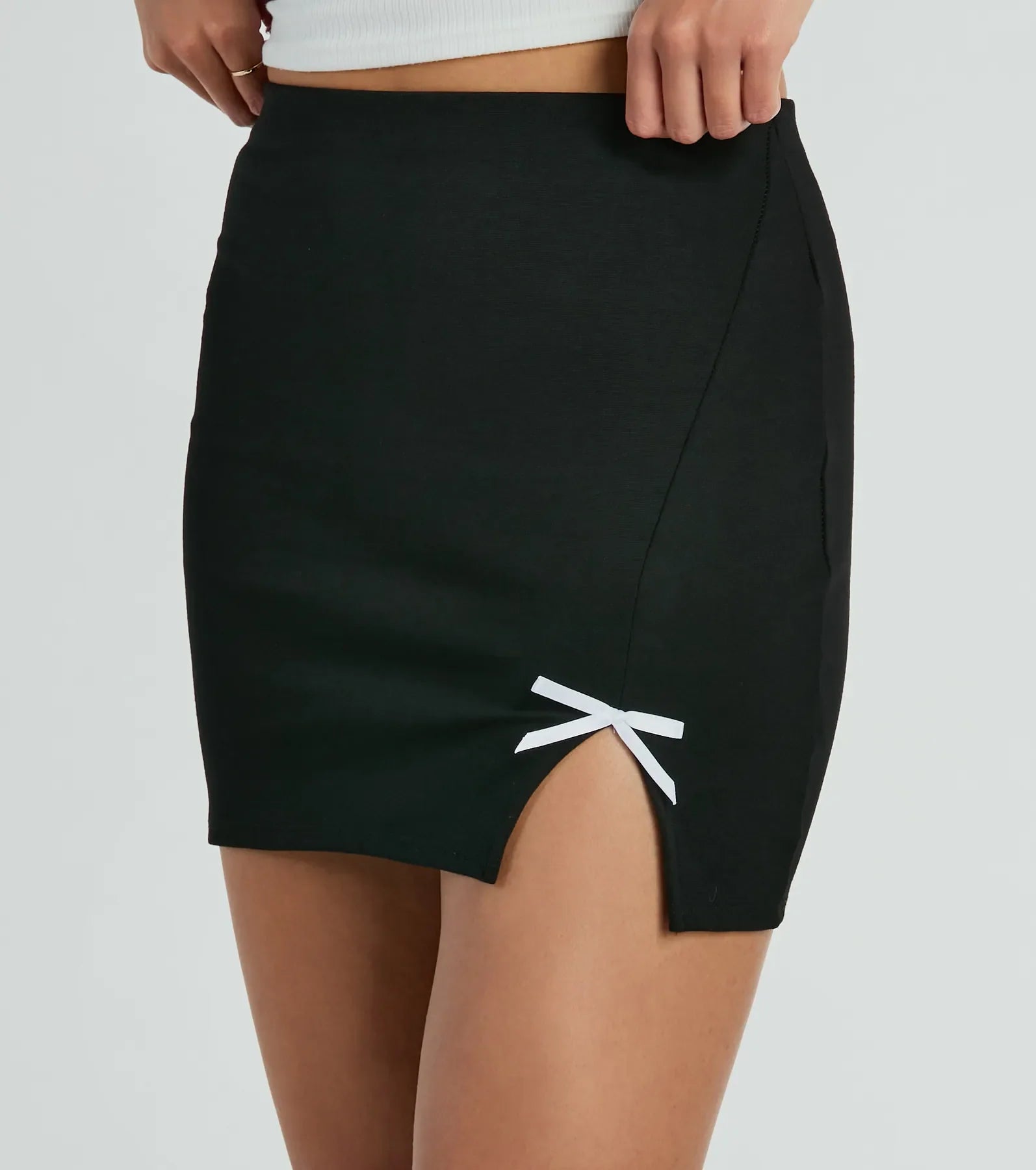 Ultimate Elegance Bow Ponte Slit Mini Skirt