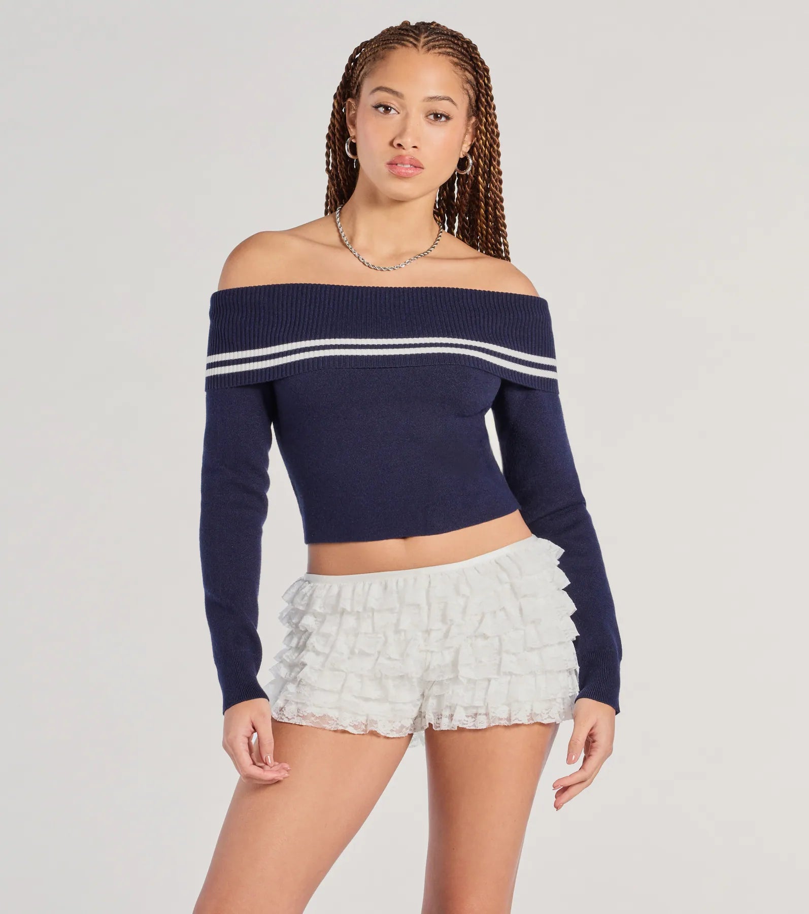 Ultimate Cruising Cutie Off-The-Shoulder Striped Knit Sweater Top