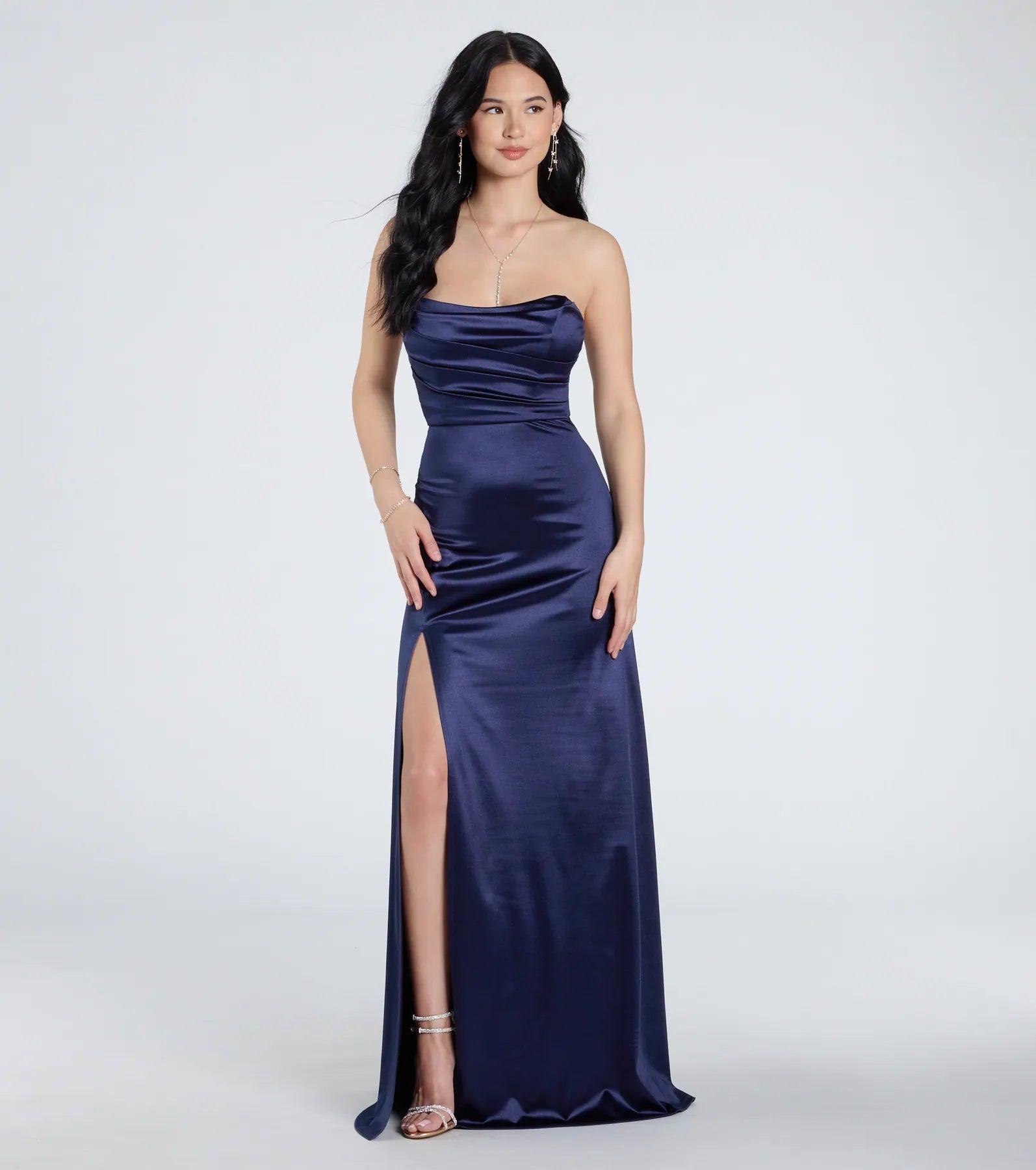 Ultimate Alison Strapless Satin A-Line Formal Dress with High Slit