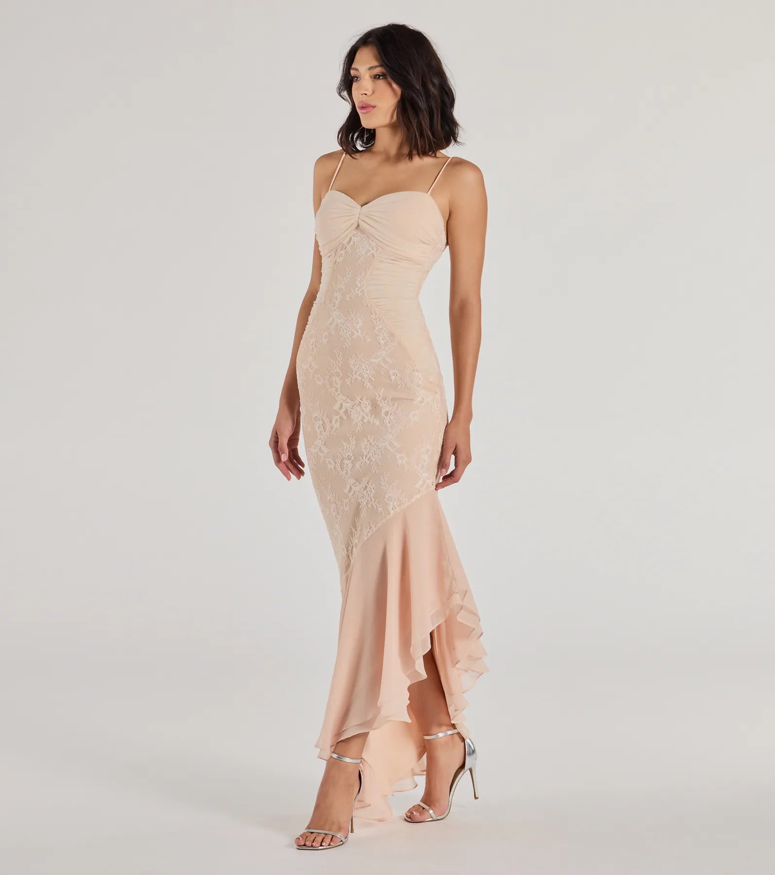 Premium Brinley Lace Chiffon Asymmetric Mermaid Dress – Ultimate Elegance