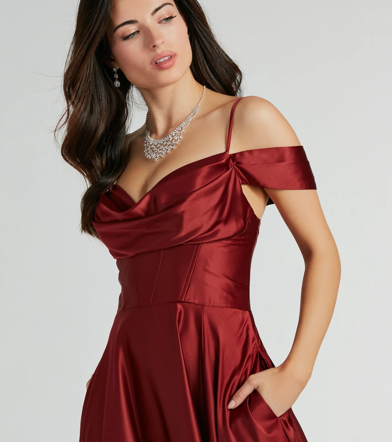 Premium Alira Satin Cold Shoulder A-Line Gown