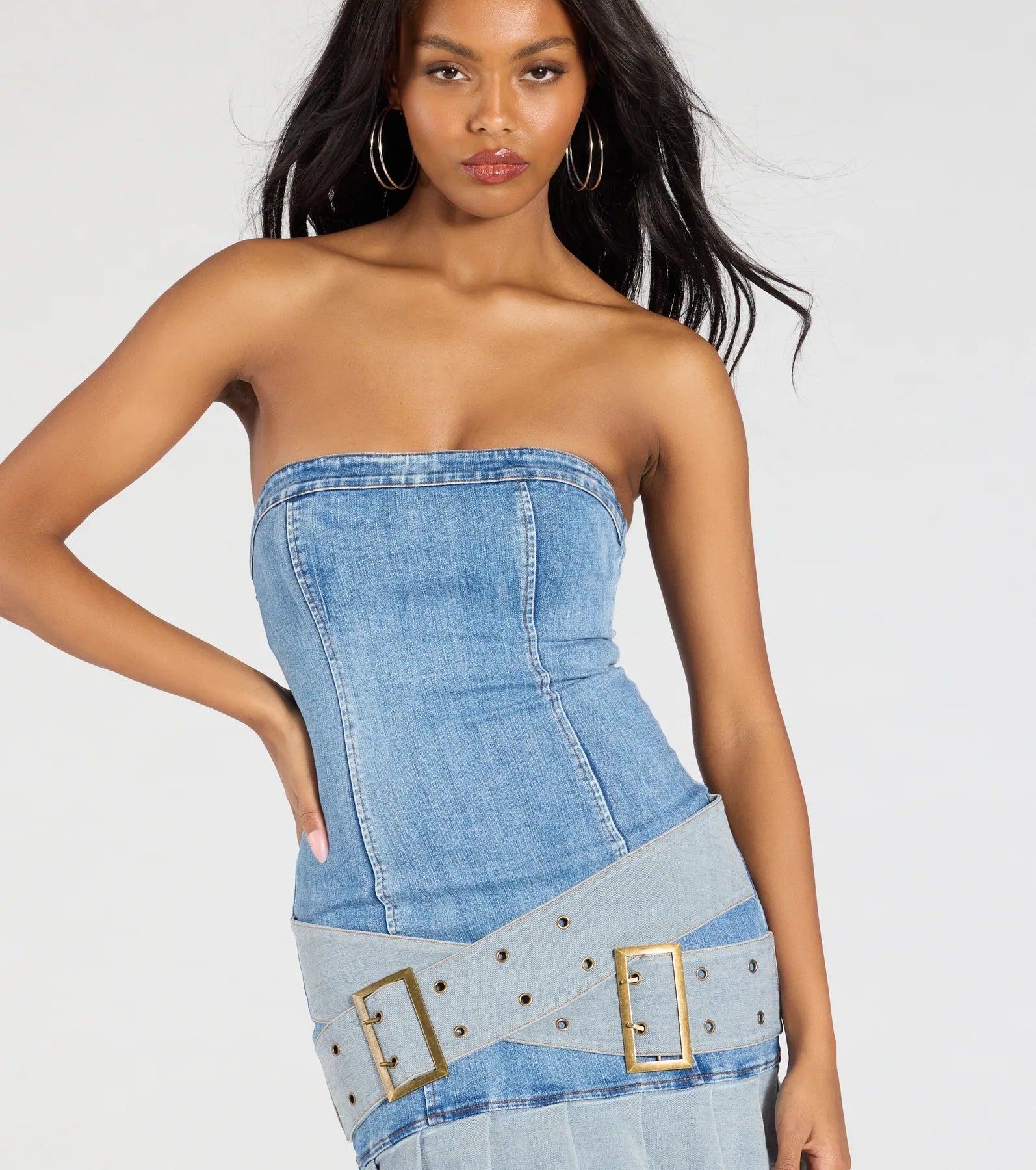 Ultimate Trend Moment Denim Belted Pleat Mini Dress