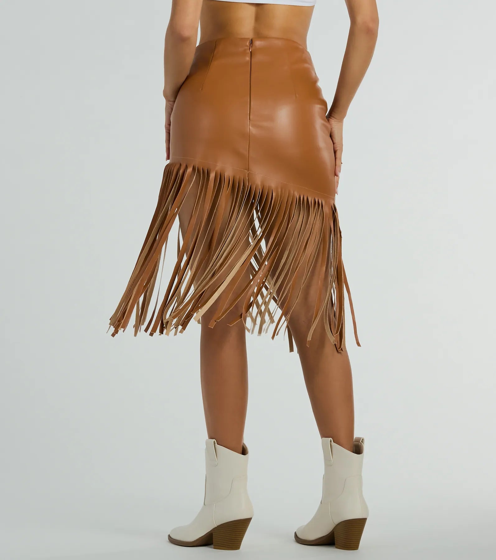 Ultimate Country Style Faux Leather Fringe Midi Skirt