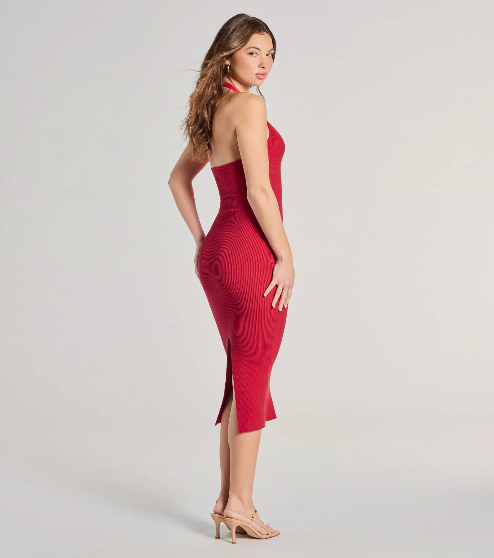 Premium Curve Avenue Halter V-Neck Bodycon Midi Dress - Ultimate Style Upgrade