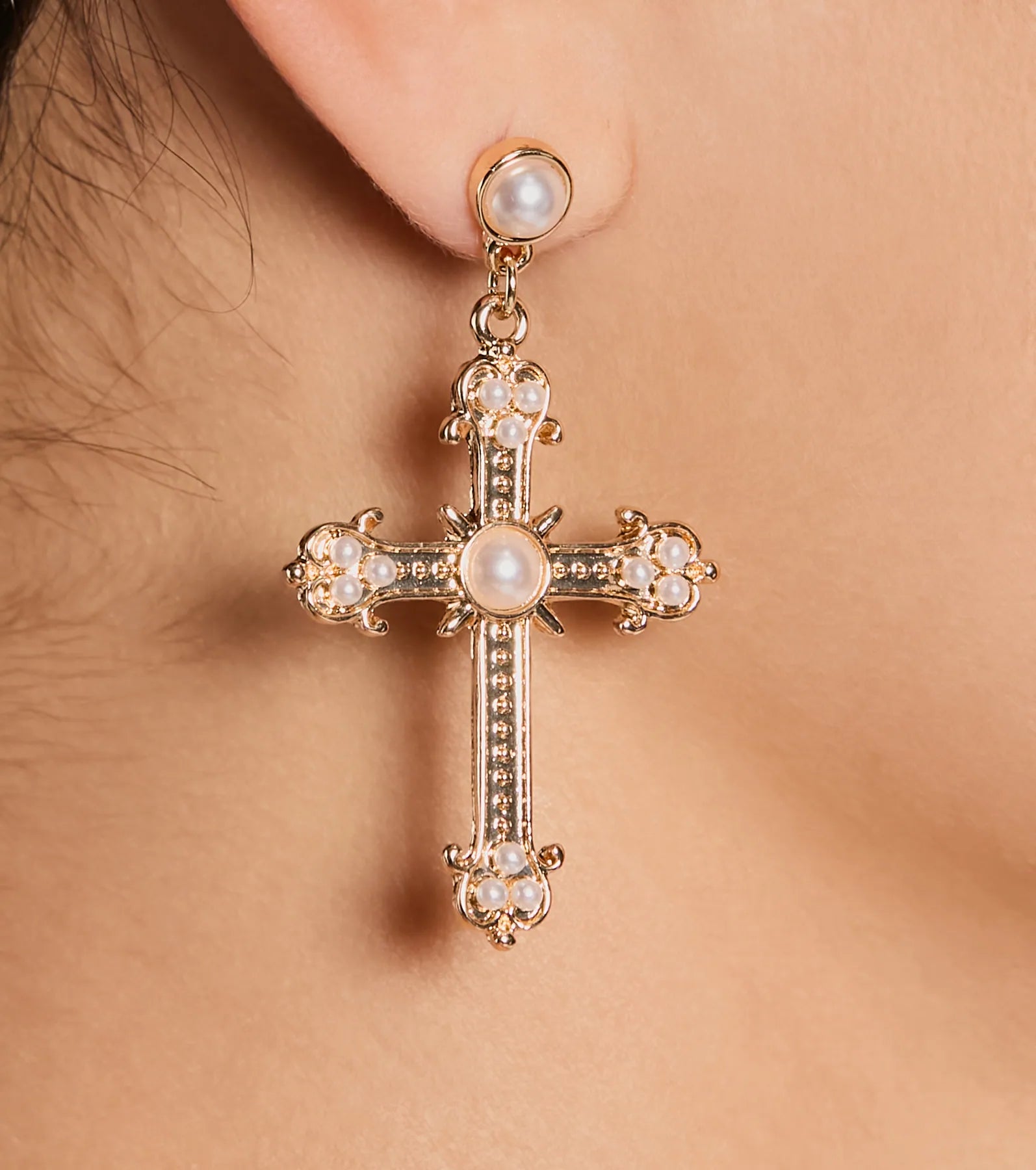 Premium Faux Pearl Cross Earrings – Blessed All Day Collection