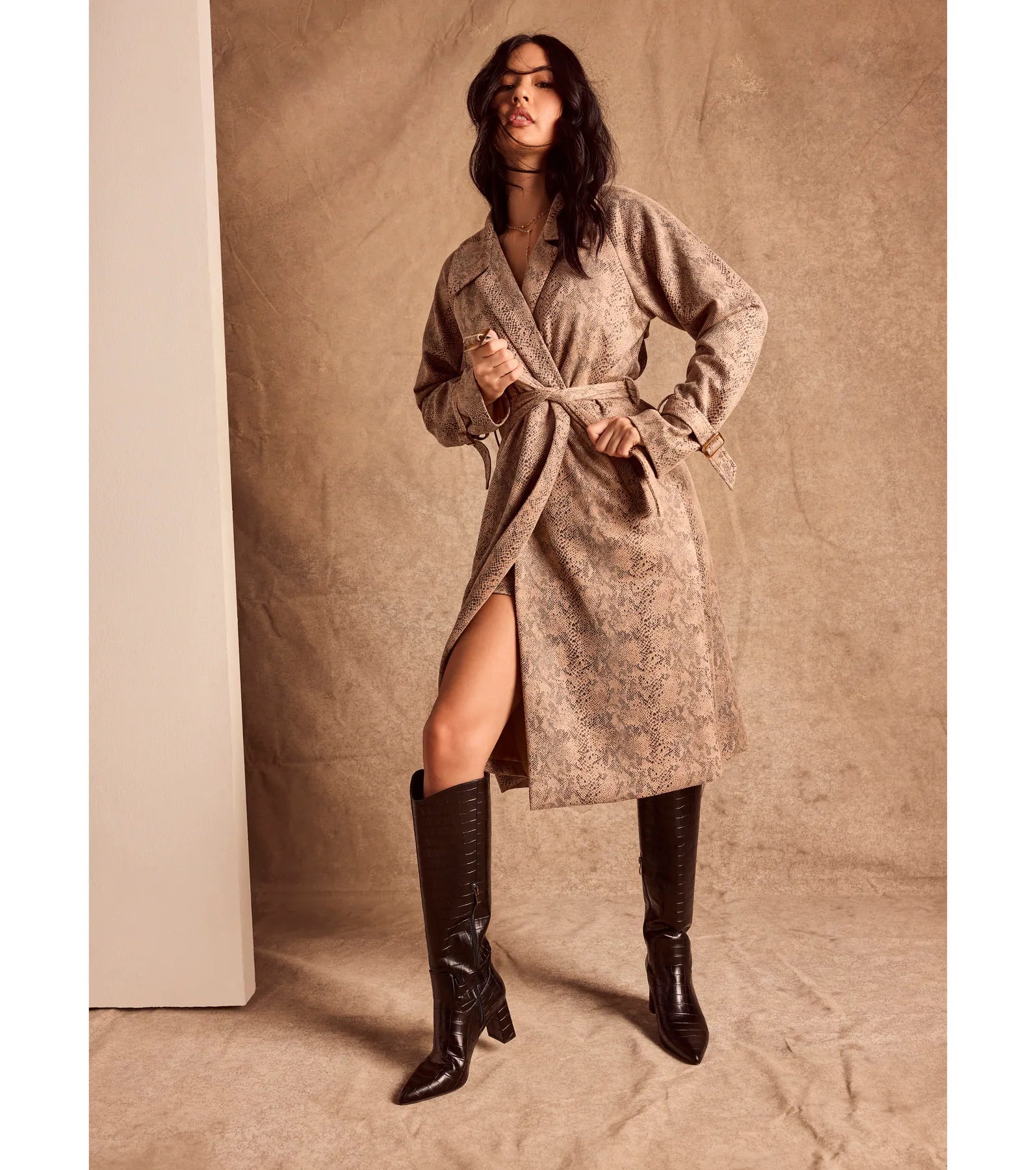 Ultimate Chic Mood Snake Print Faux Suede Trench Coat