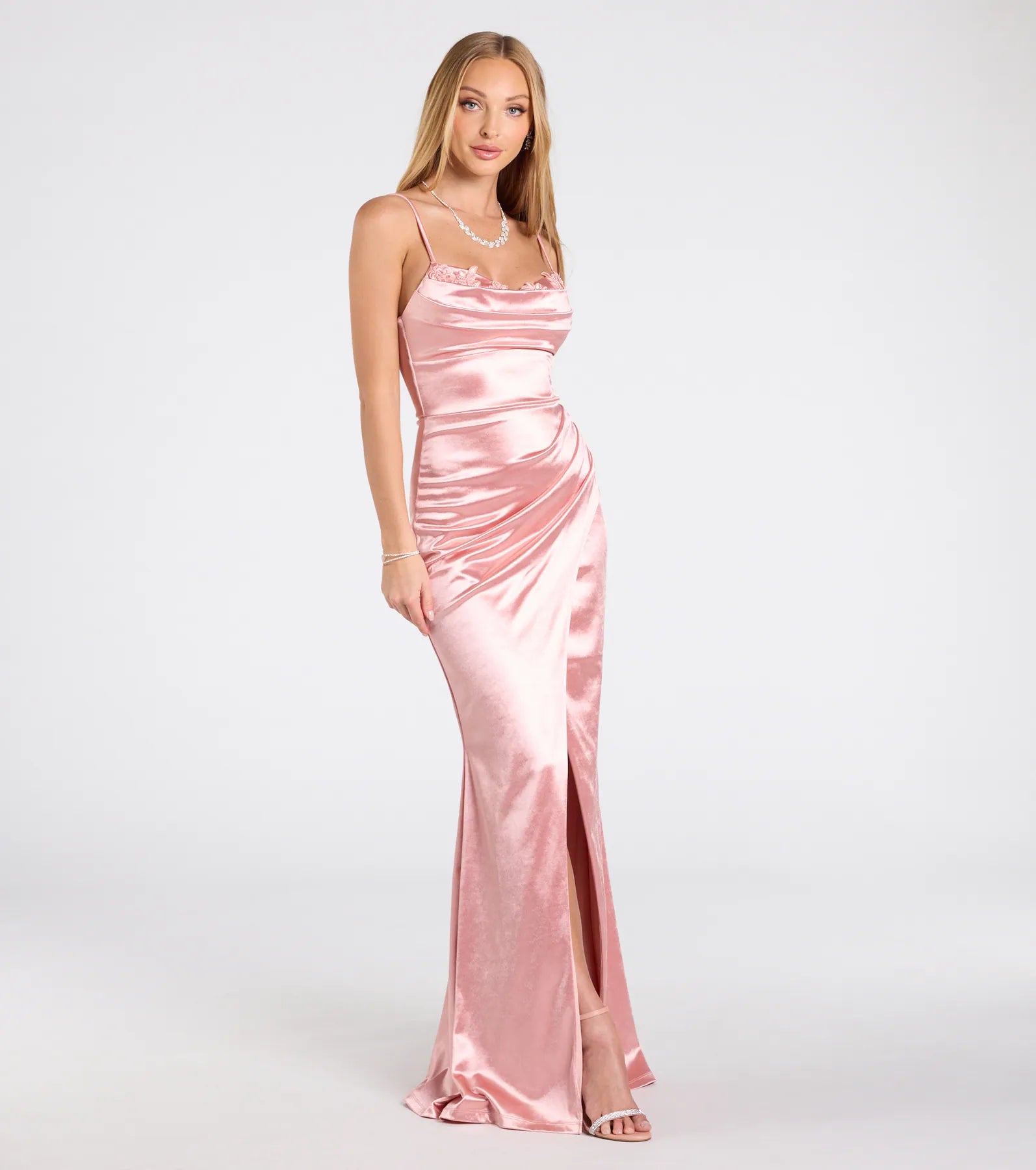 Premium Michelle Satin Formal Dress with Embroidered Applique