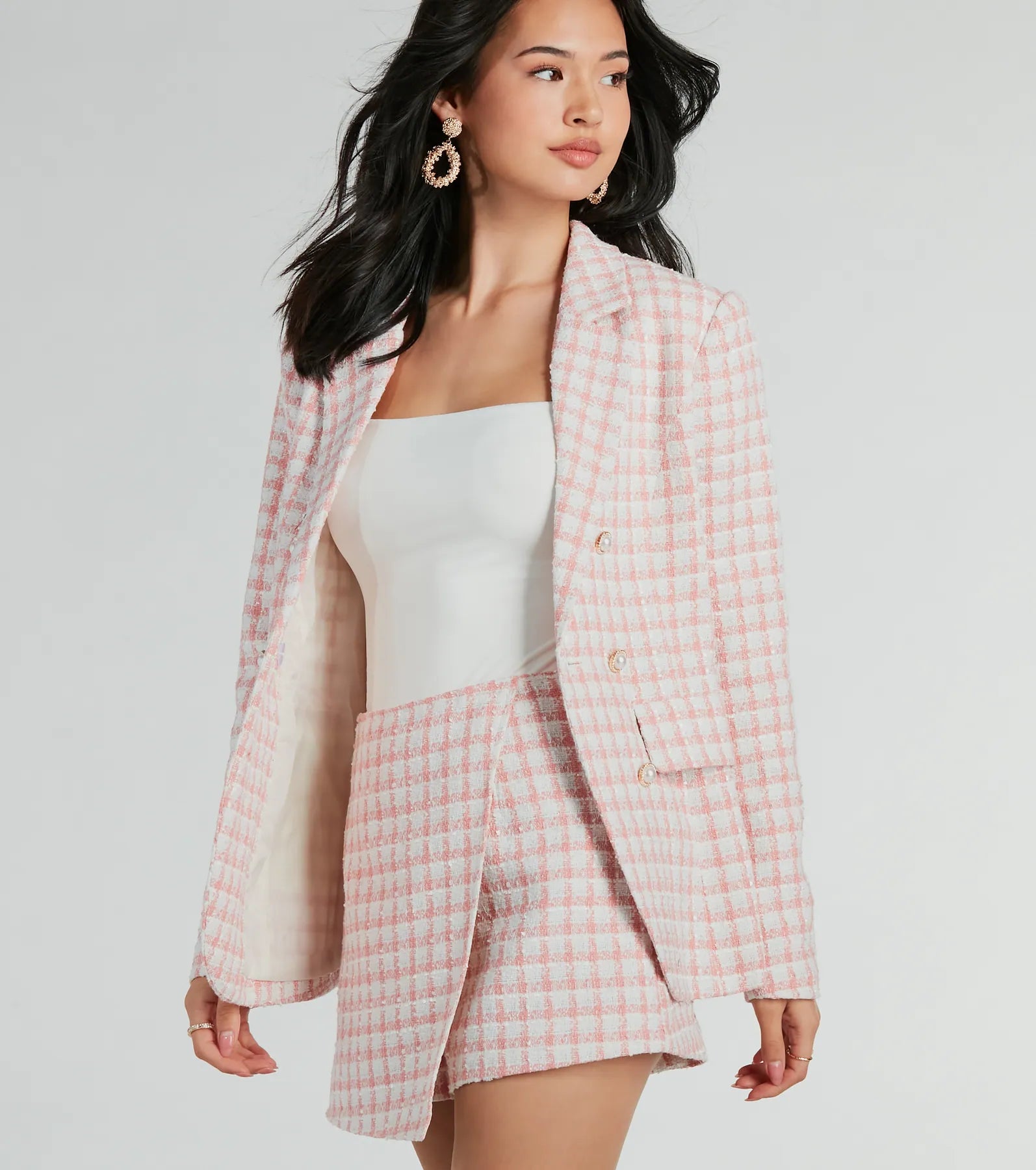 Premium Tweed Plaid Blazer with Faux Pearl Buttons - Ultimate Office Chic