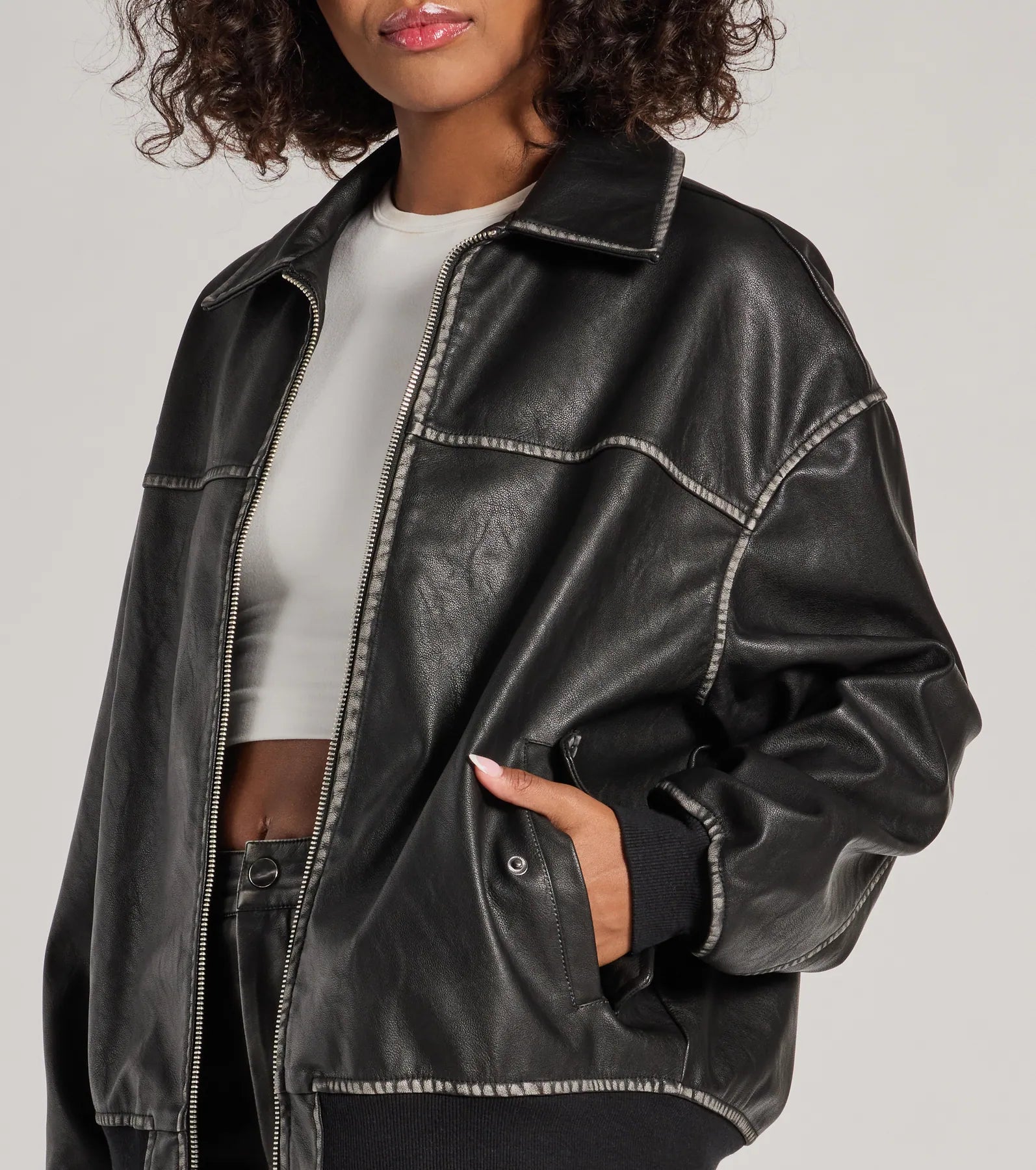 Premium Vintage Faux Leather Oversized Bomber Jacket - Ultimate Chic Style