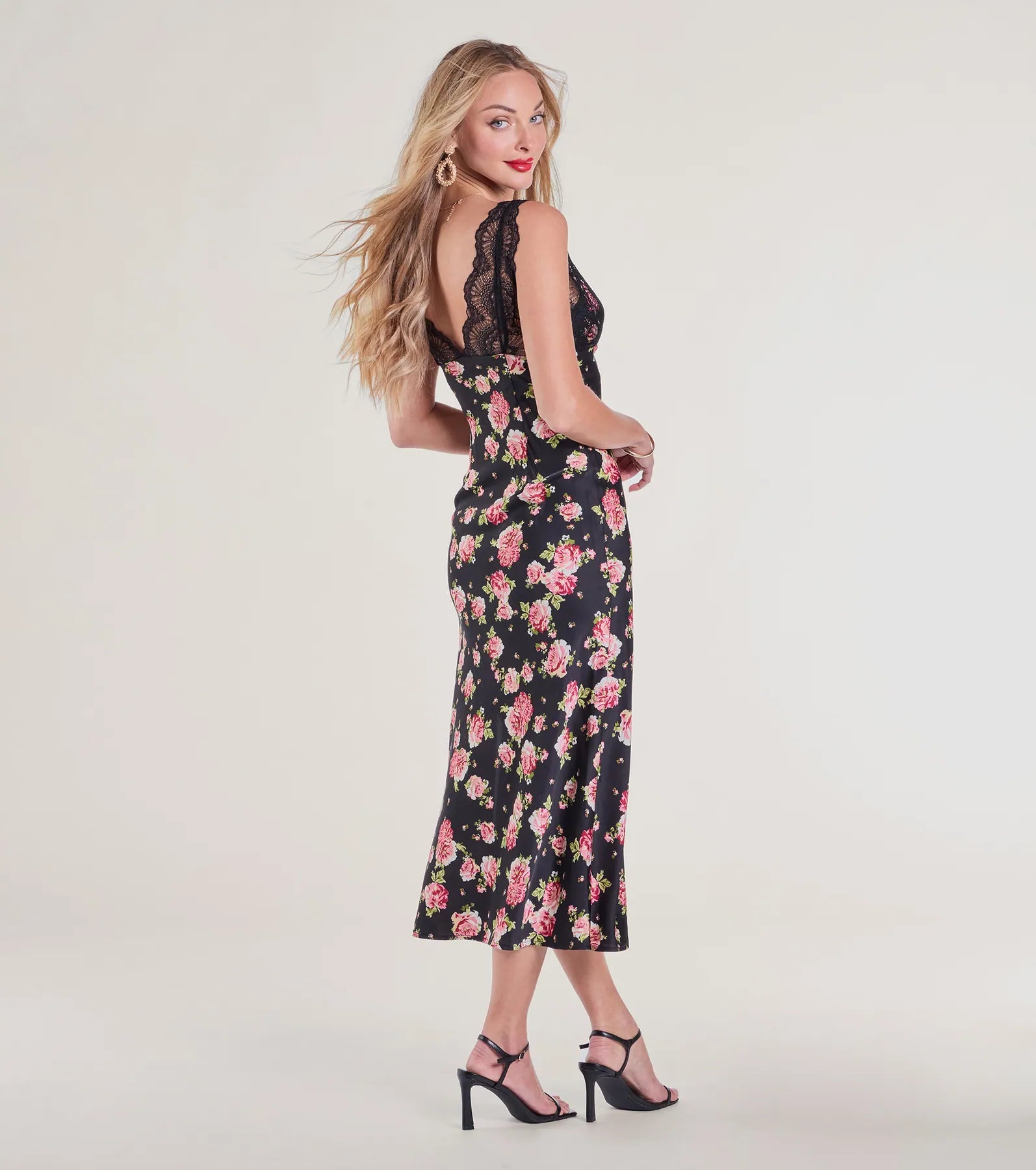 Elegant Sunset Lace V-Neck Floral Satin Midi Dress