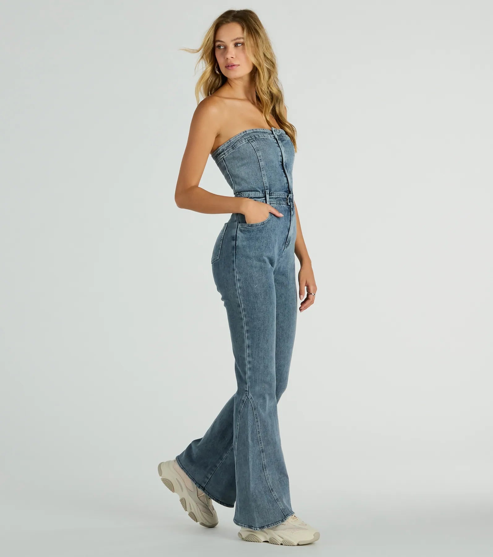 Ultimate Retro Strapless Denim Jumpsuit - Premium Flare Design