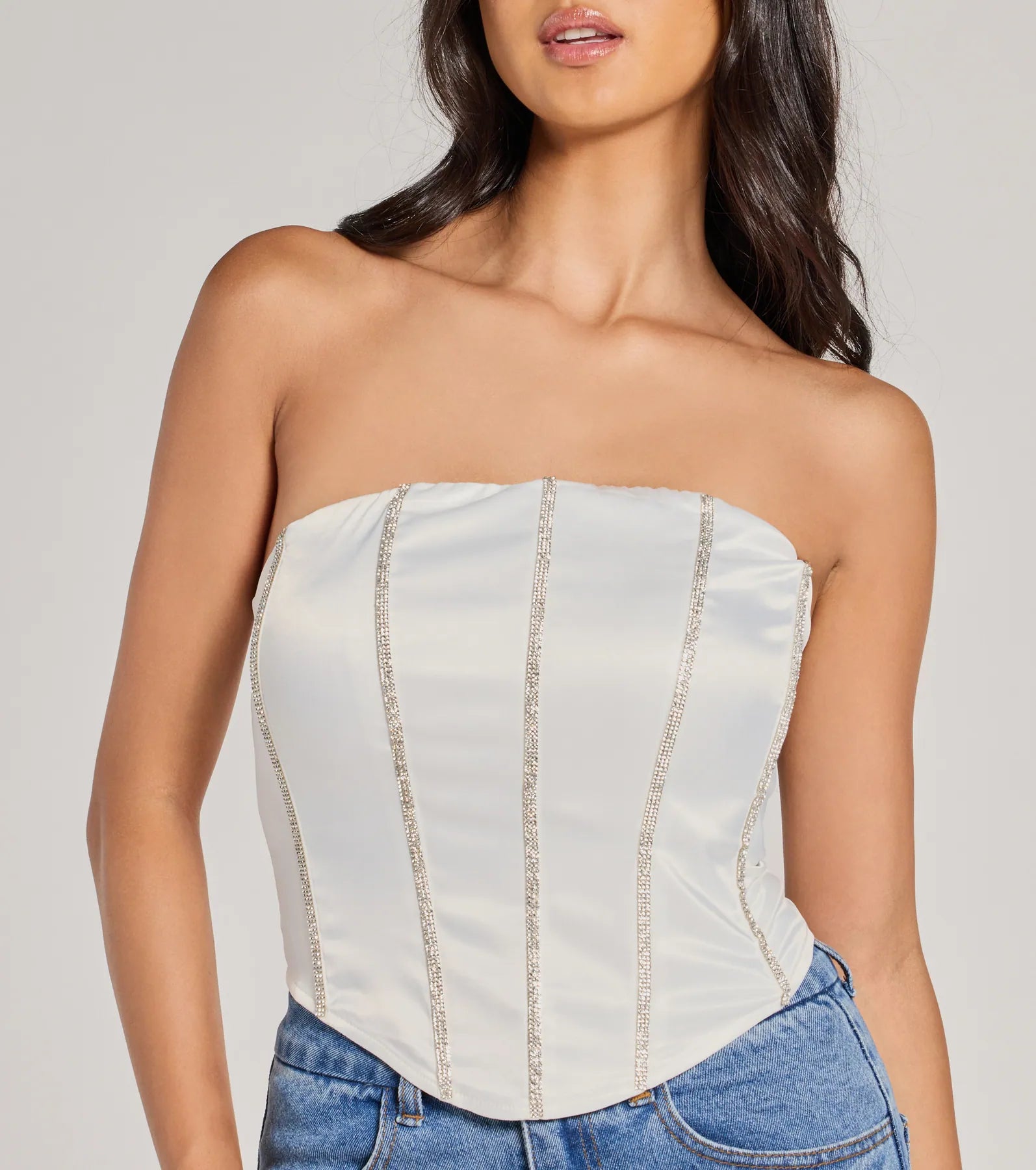 Ultimate Glitz Rhinestone-Trimmed Satin Corset Top