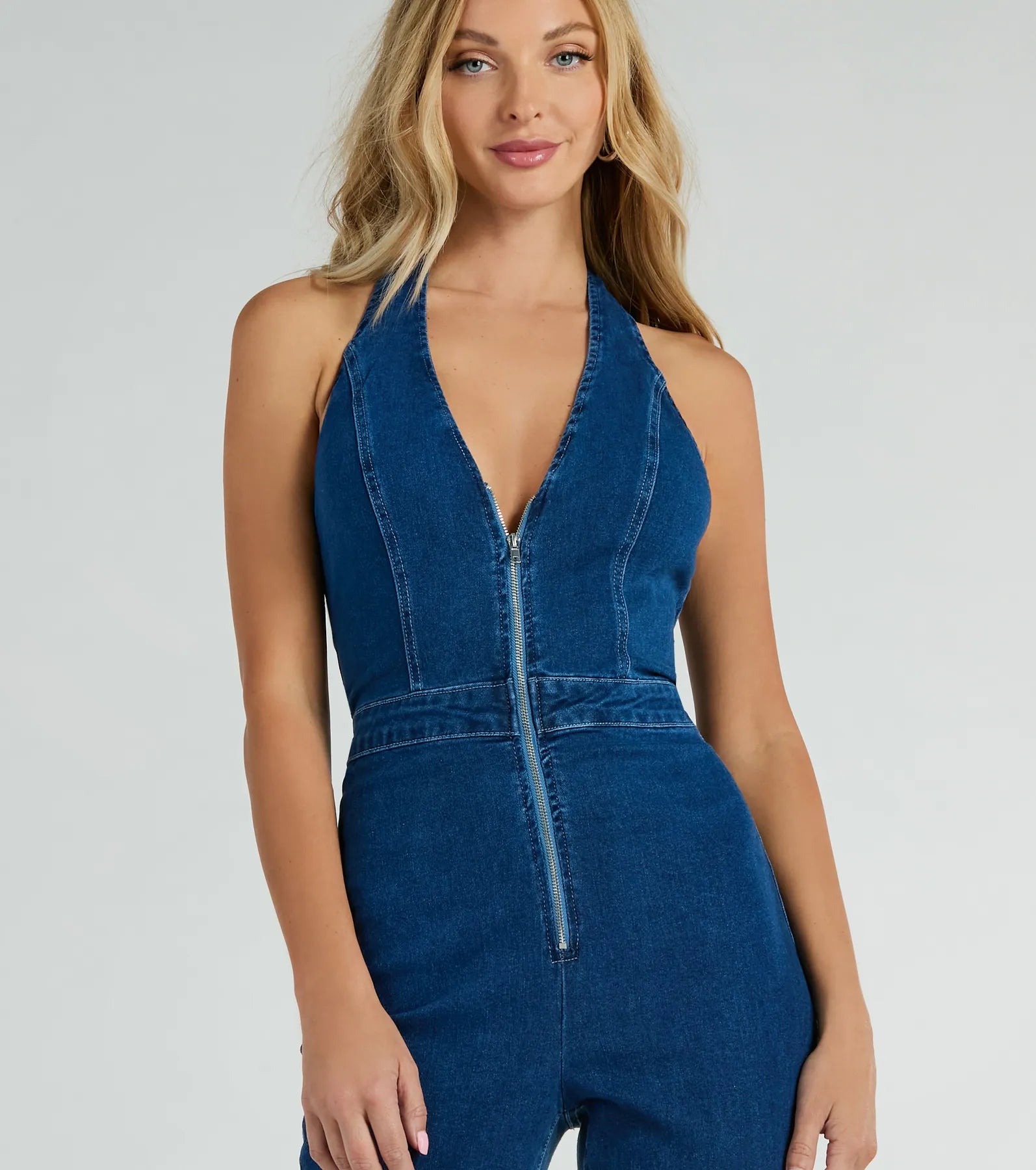 Ultimate Halter Zip-Up Flare Denim Jumpsuit - Cool & Trendy