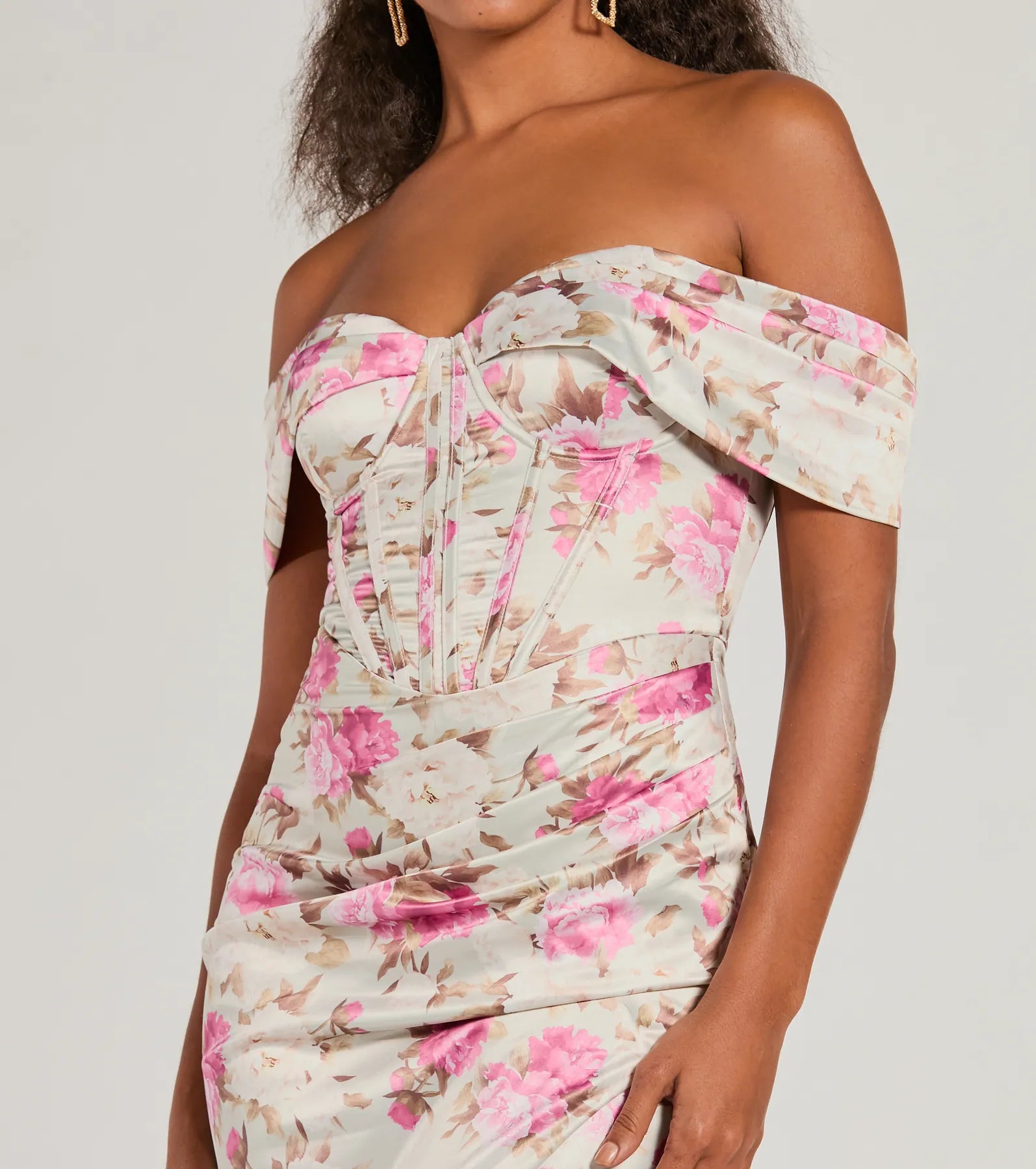 Premium Mildred Floral Satin Evening Dress - Off-The-Shoulder Elegance