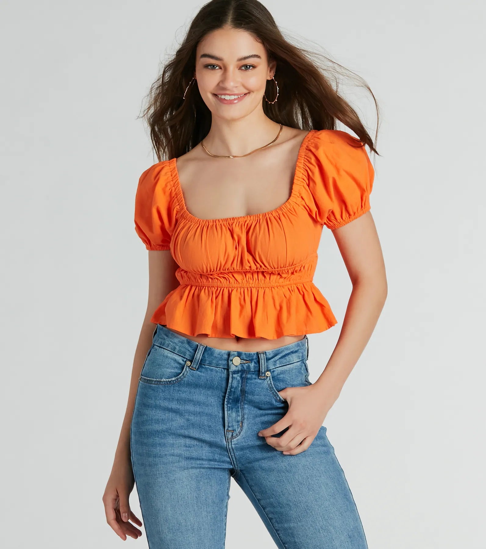 Premium Puff Sleeve Lace-Up Peplum Crop Top - Ultimate Flirty Style