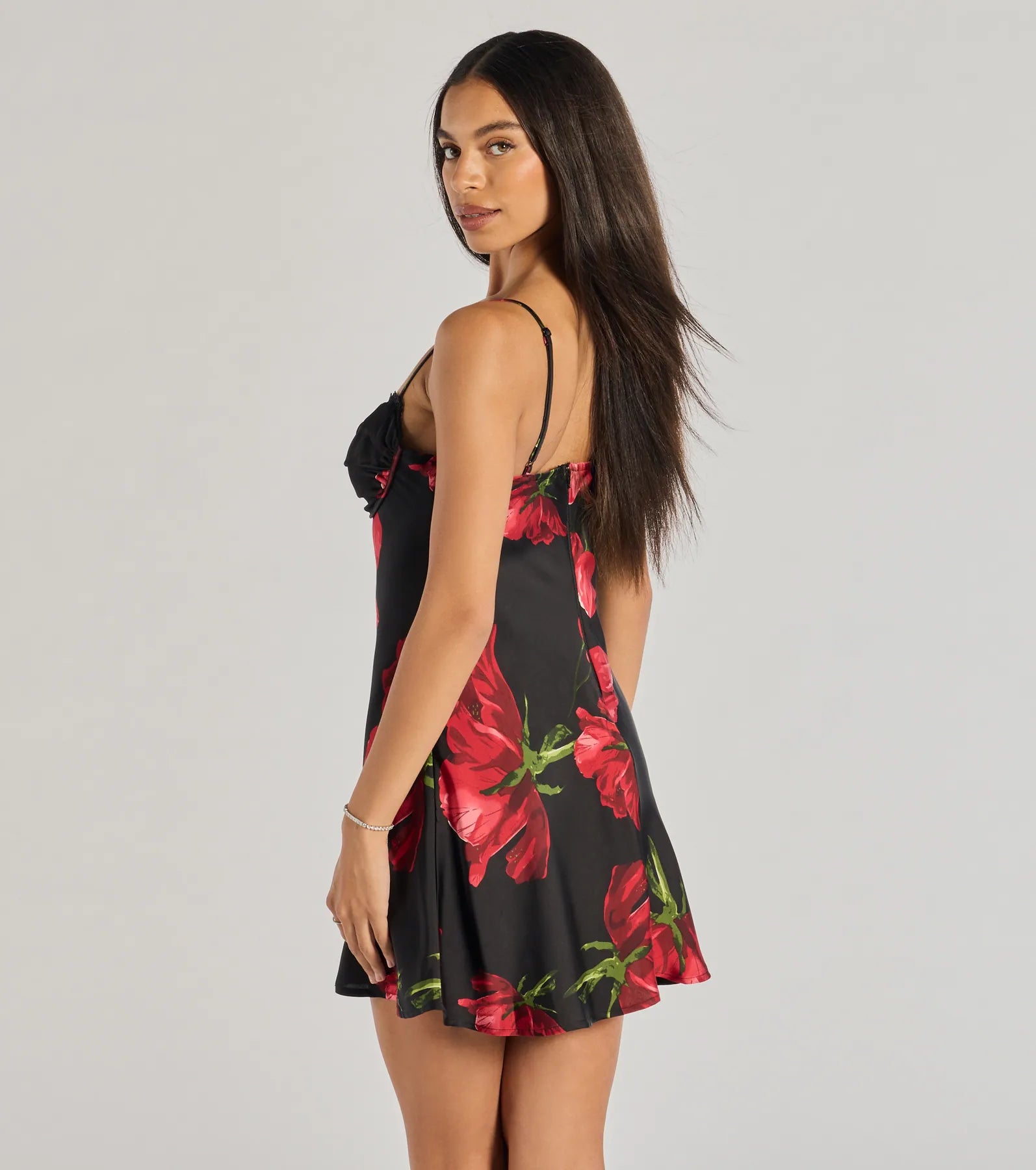 Premium Floral Satin A-Line Mini Dress - Beauty So Divine