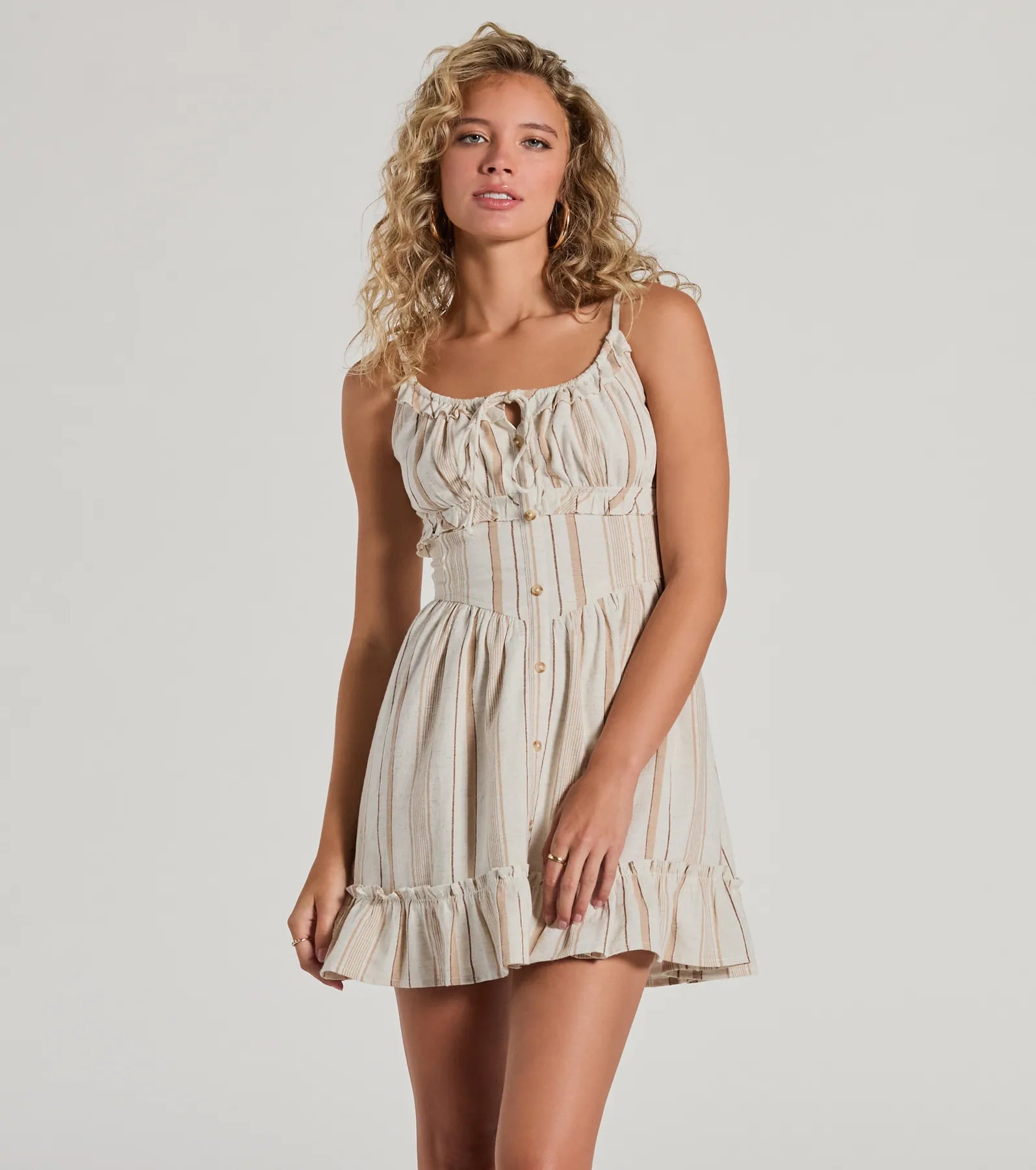 Premium Striped Linen Skater Dress with Ruffled Trim