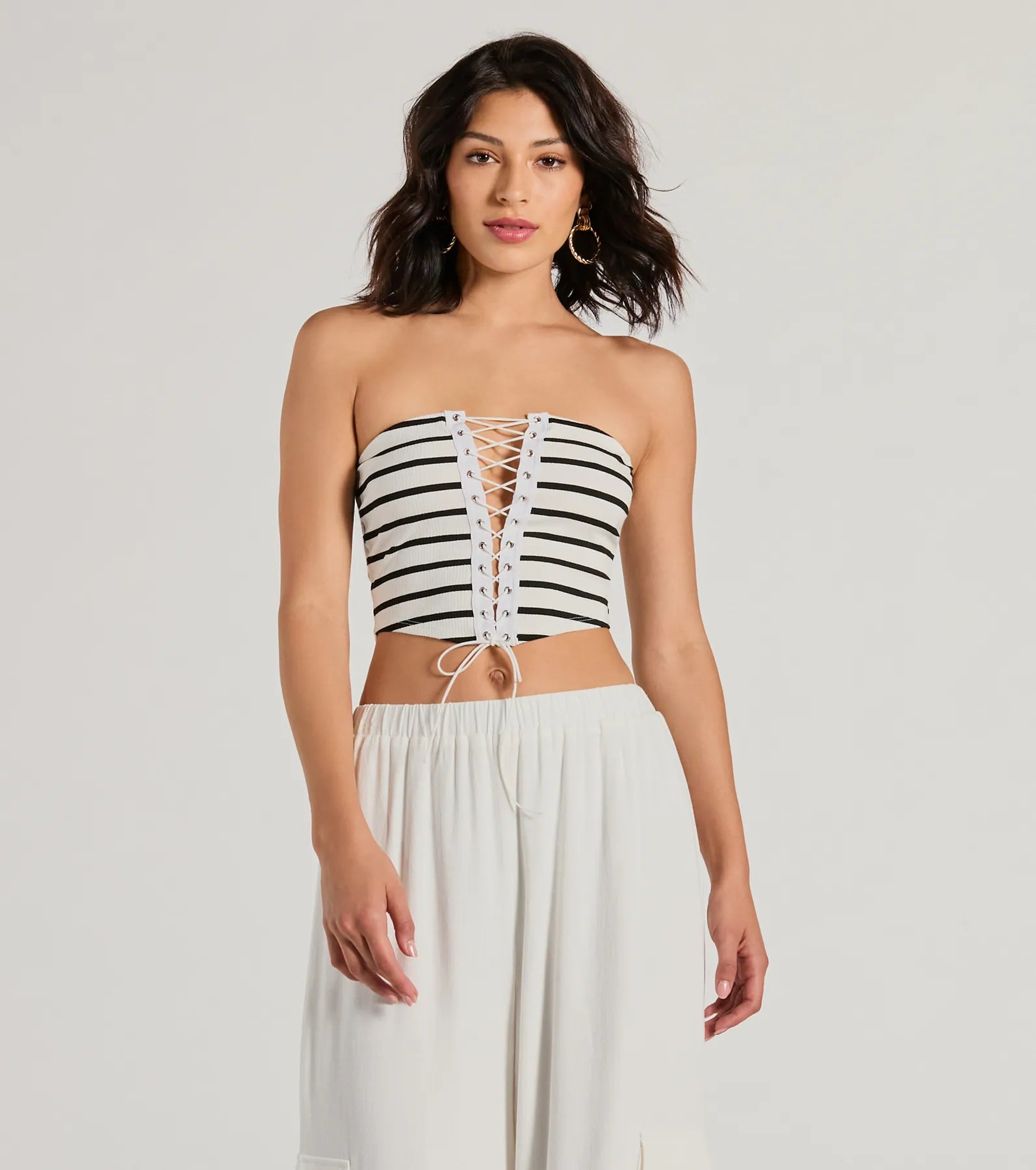 Ultimate Bold Babe Strapless Lace-Up Striped Crop Top