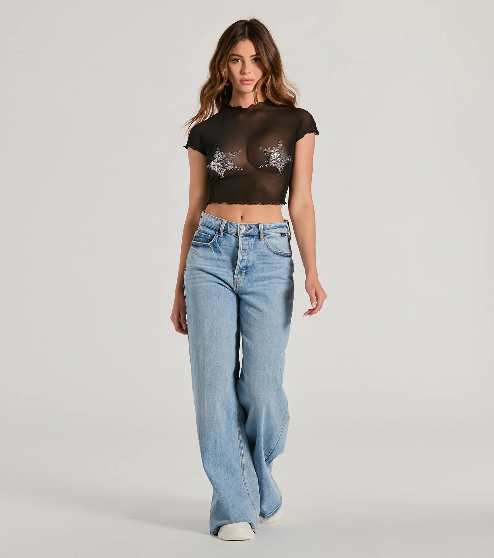 Ultimate Born Star Rhinestone Sheer Mesh Crop Top
