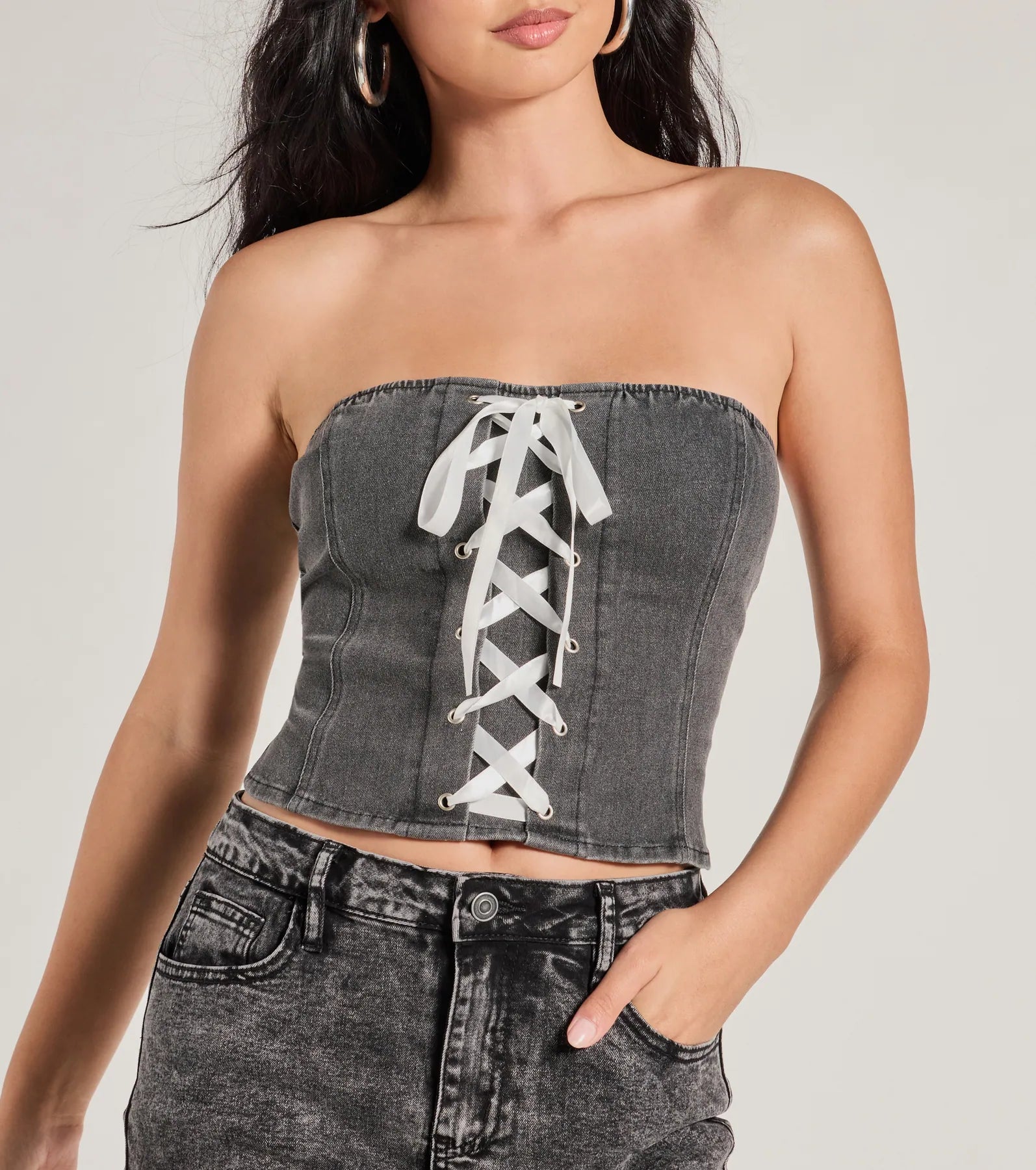 Ultimate Strapless Denim Crop Top - Lace-Up Design