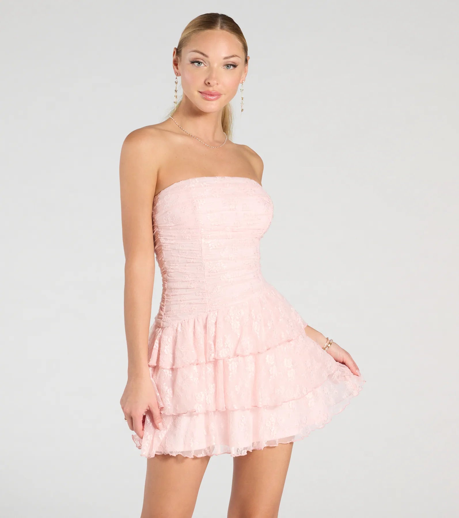 Ultimate Lovely Nights Strapless Lace Ruffle Skater Dress