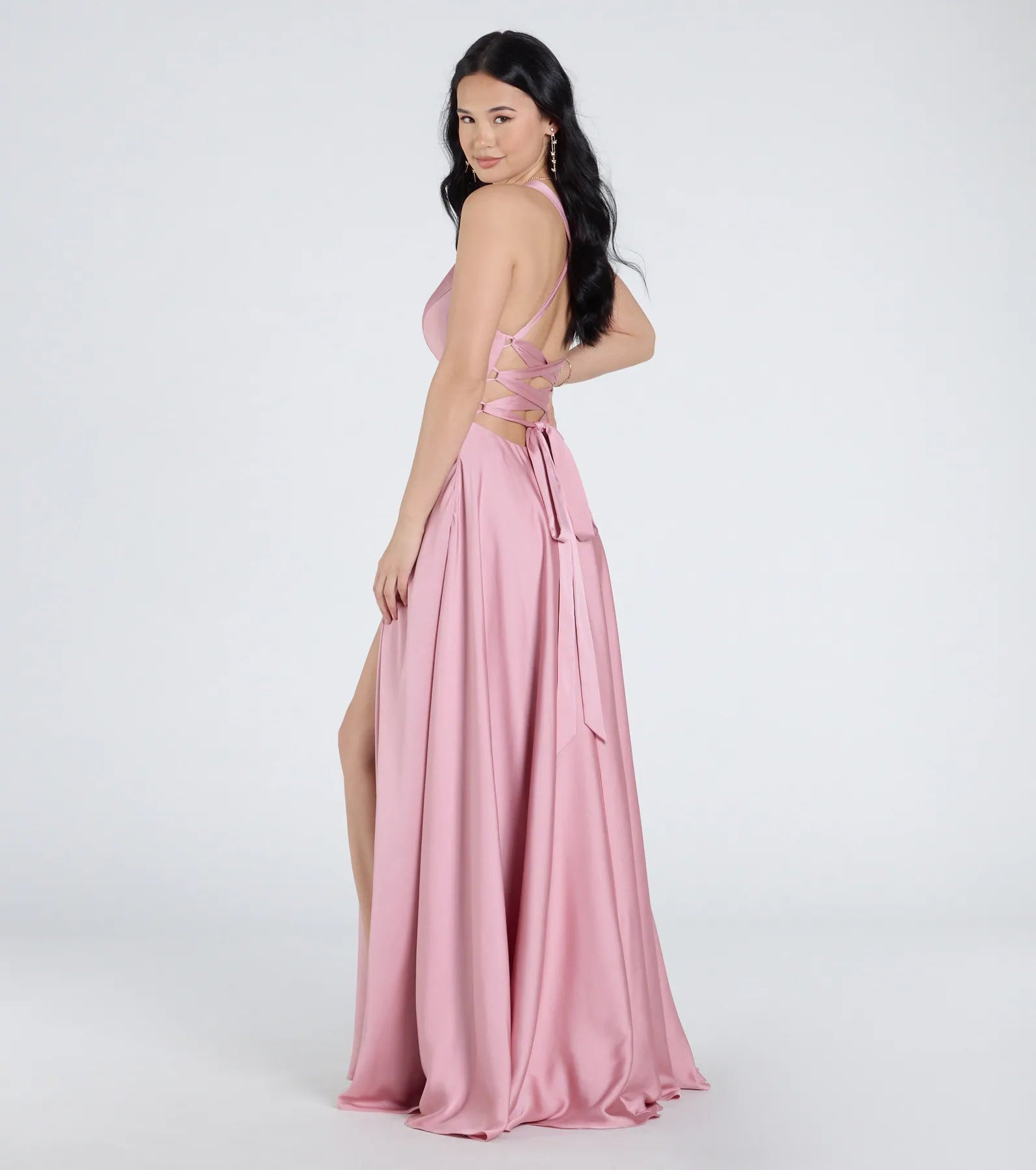 Ultimate Abbey Lace-Up Satin Formal Dress with High Slit