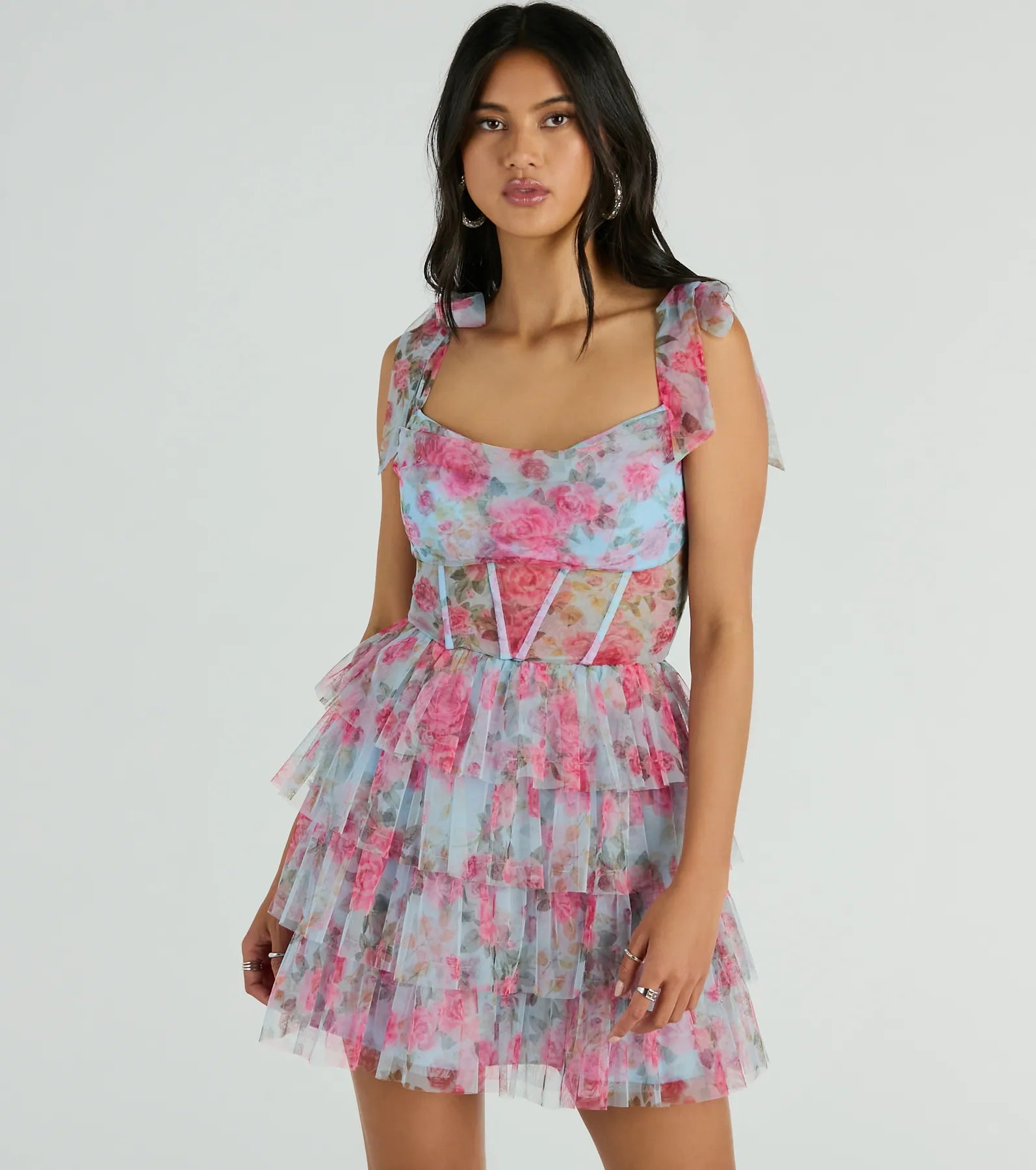 Premium Mandy Floral Corset Party Dress - Elegant Rose A-Line Design