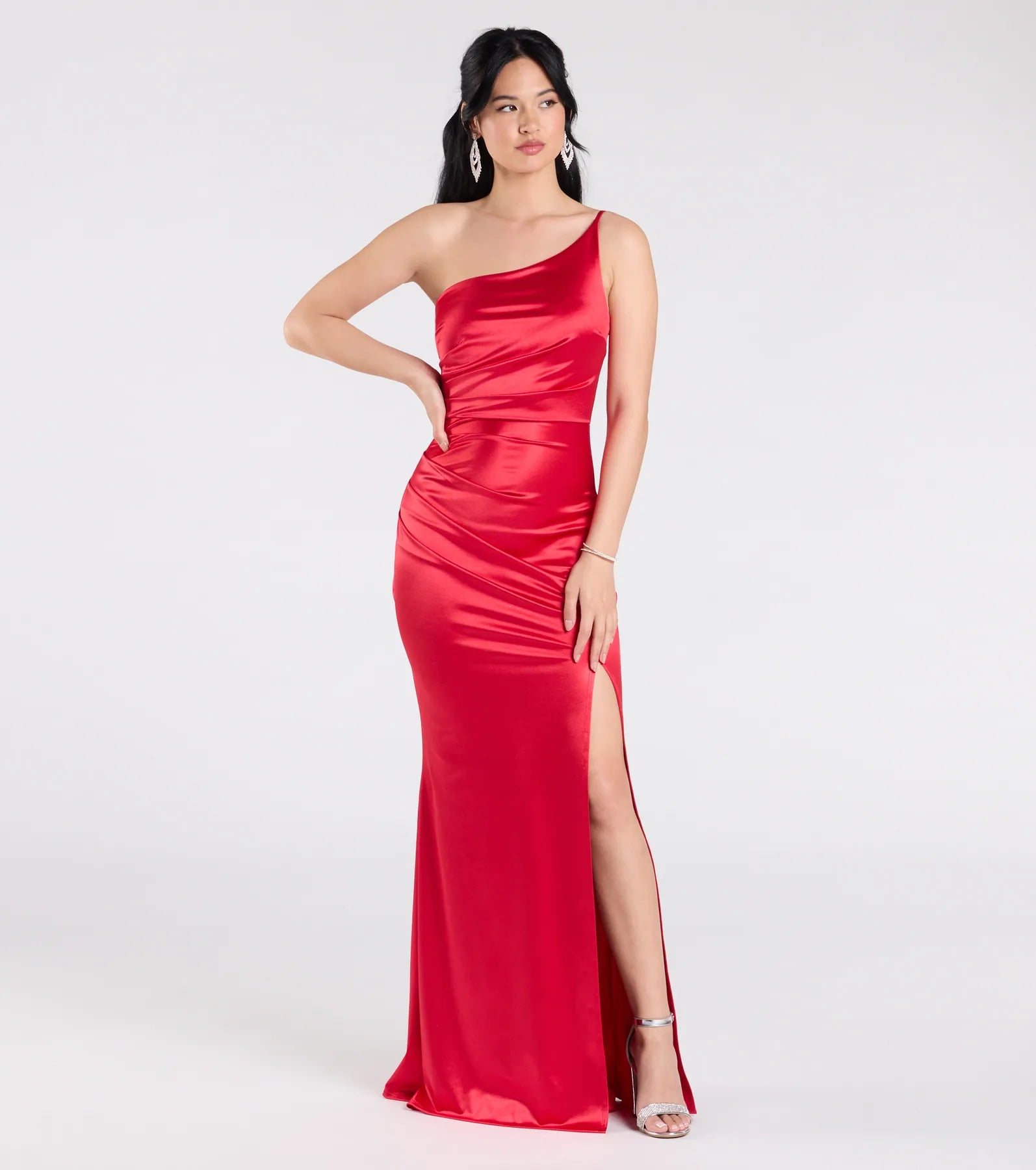 Premium Contessa One-Shoulder Slit Satin Evening Gown