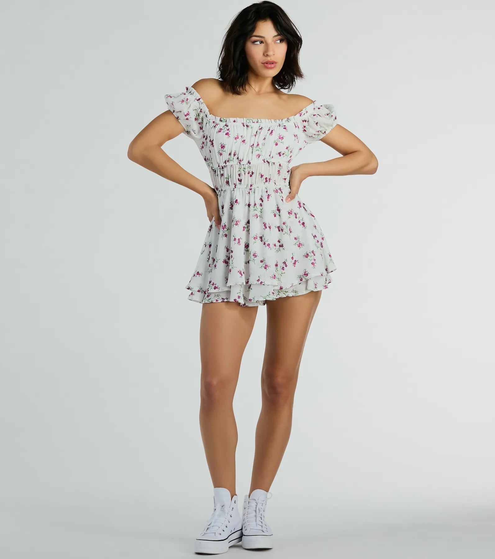 Ultimate Floral Chiffon Romper with Puff Sleeves - The Cutest Vibe