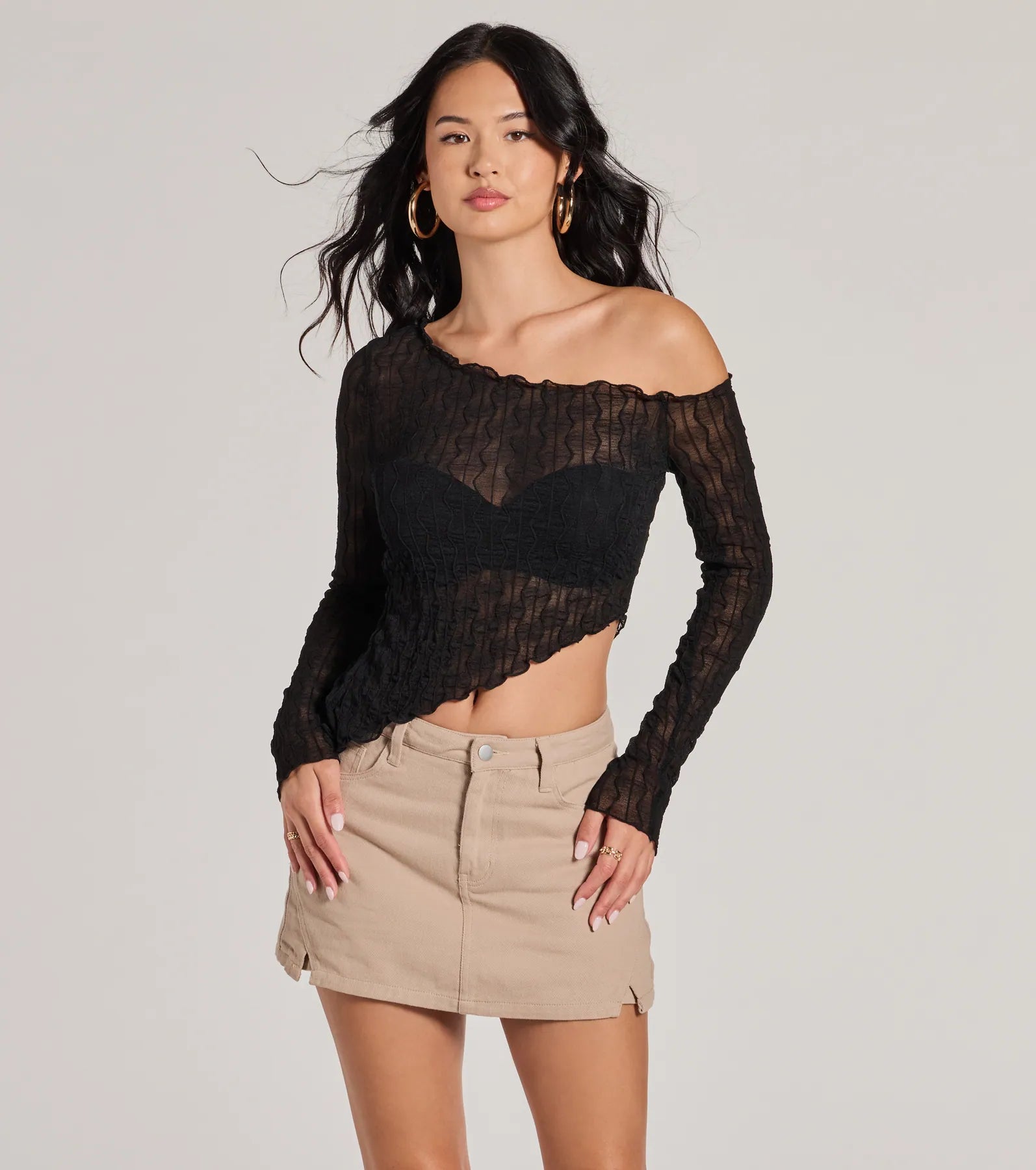 Ultimate Trend Allure Sheer Crop Top - Asymmetrical Long Sleeve