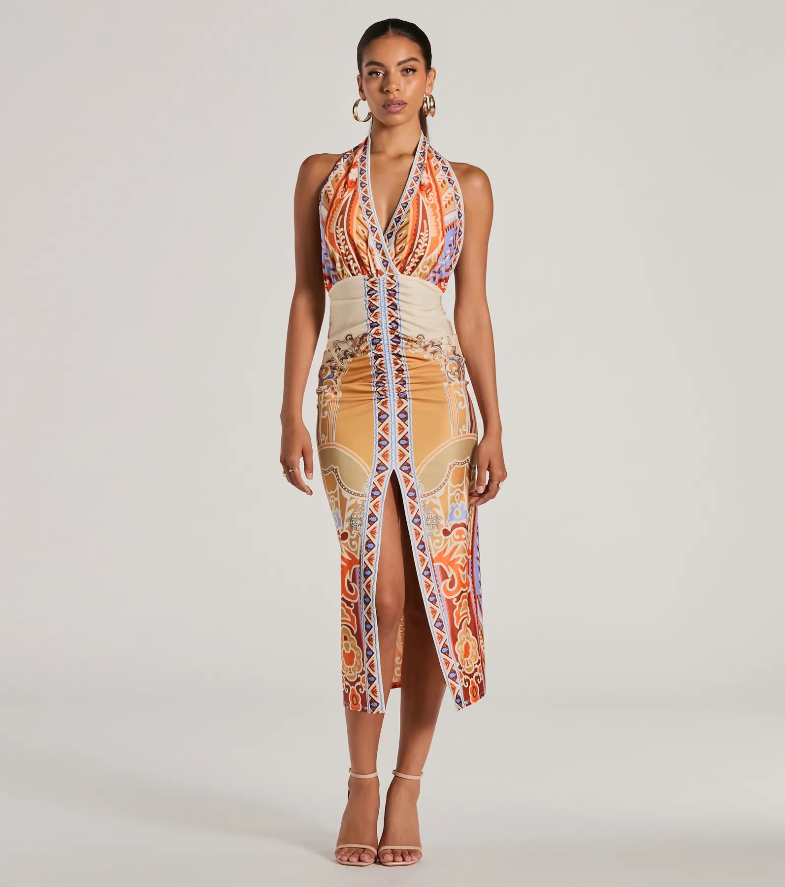 Premium Geometric Halter Bodycon Dress - Vibrant Vacation Essential