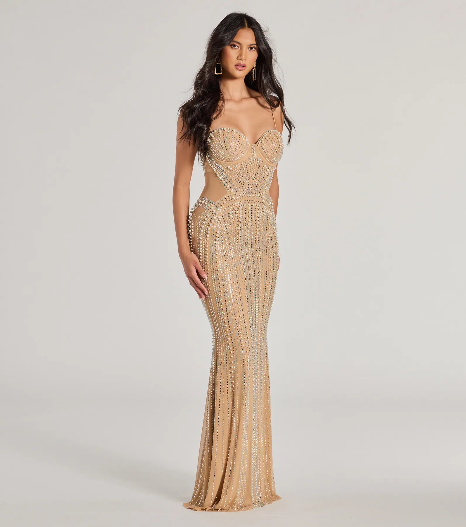 Gianna Premium Rhinestone & Pearl Sheer Mesh Evening Gown