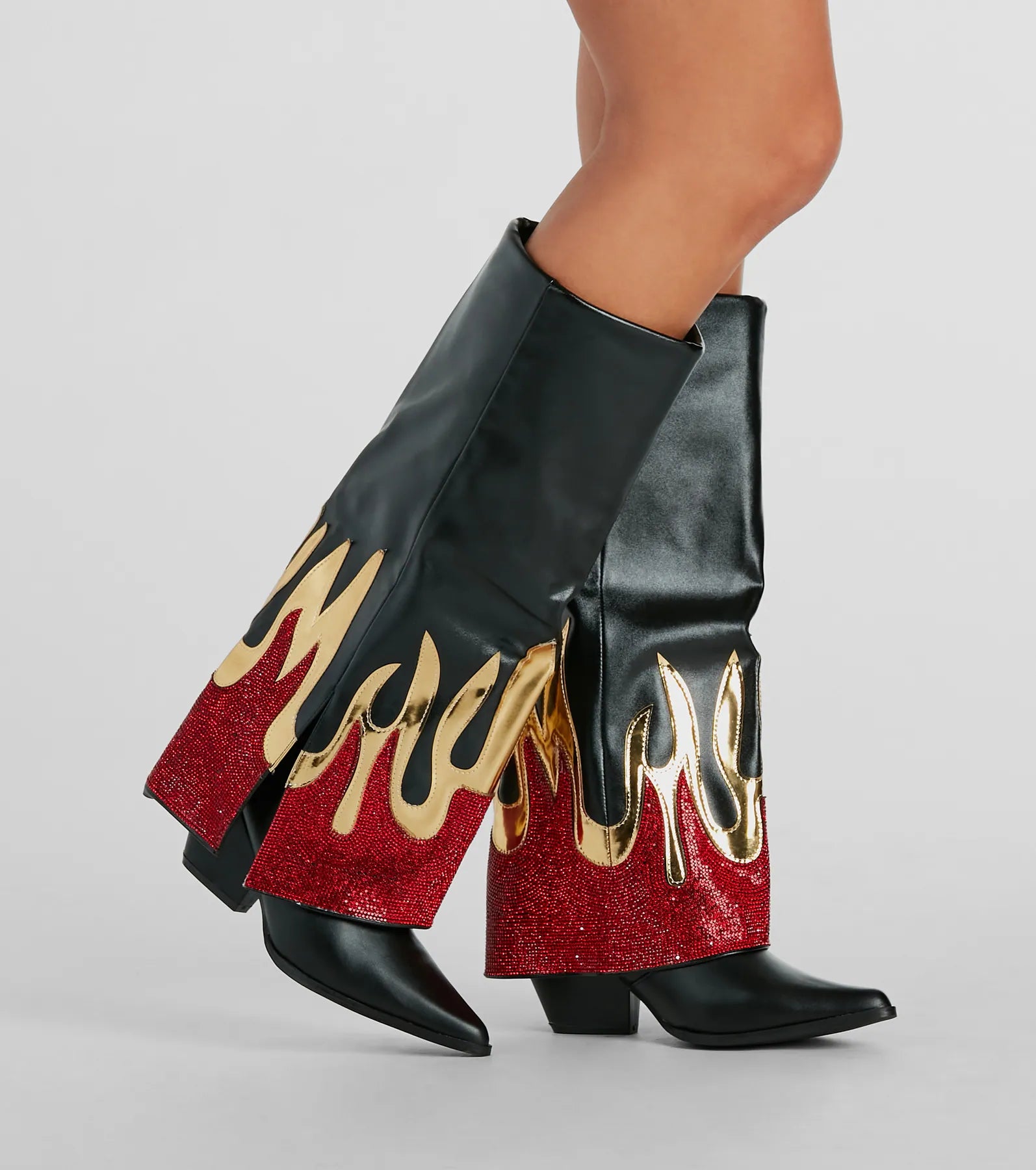 Ultimate Rhinestone Flame Fold-Over Boots - Premium Western Style