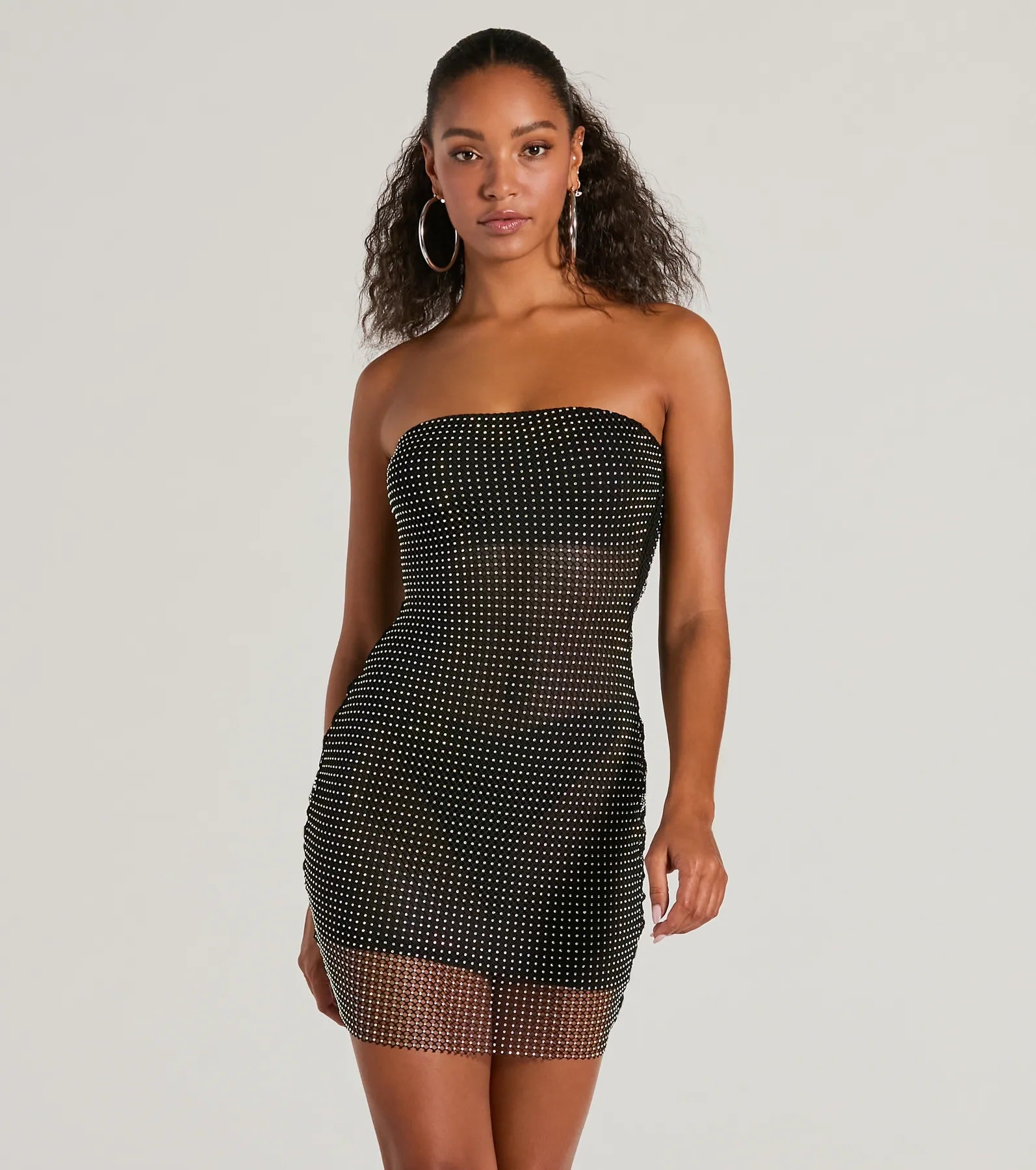 Ultimate Glam Rhinestone Fishnet Mini Dress - Strapless & Stunning