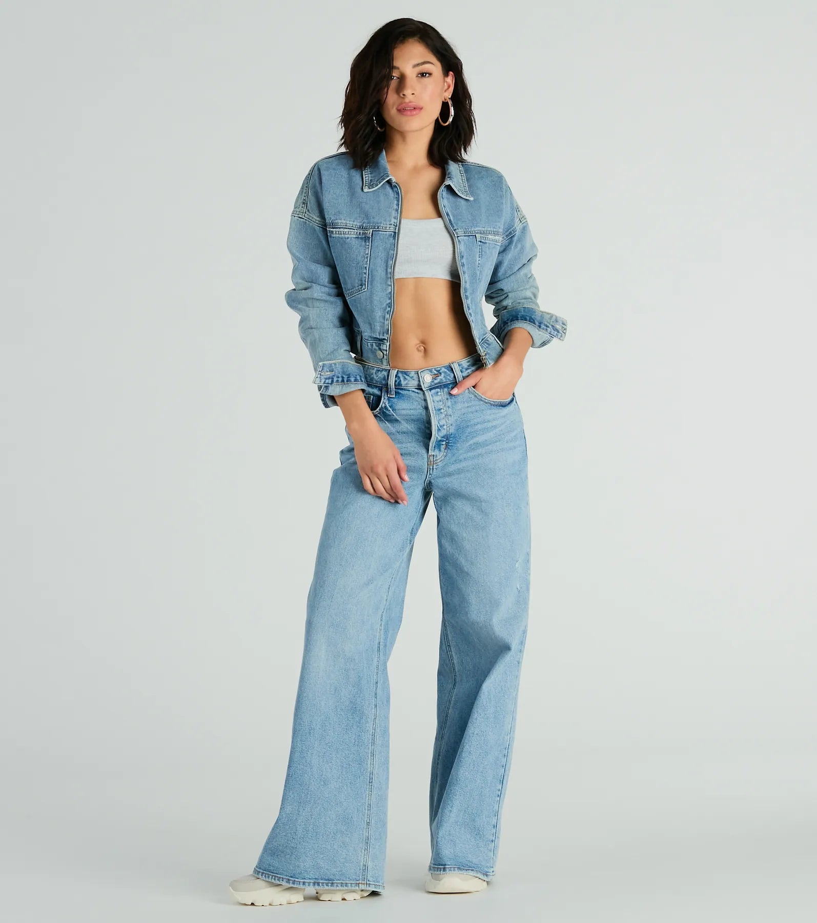 Premium Good Vibes Zip-Up Crop Denim Jacket