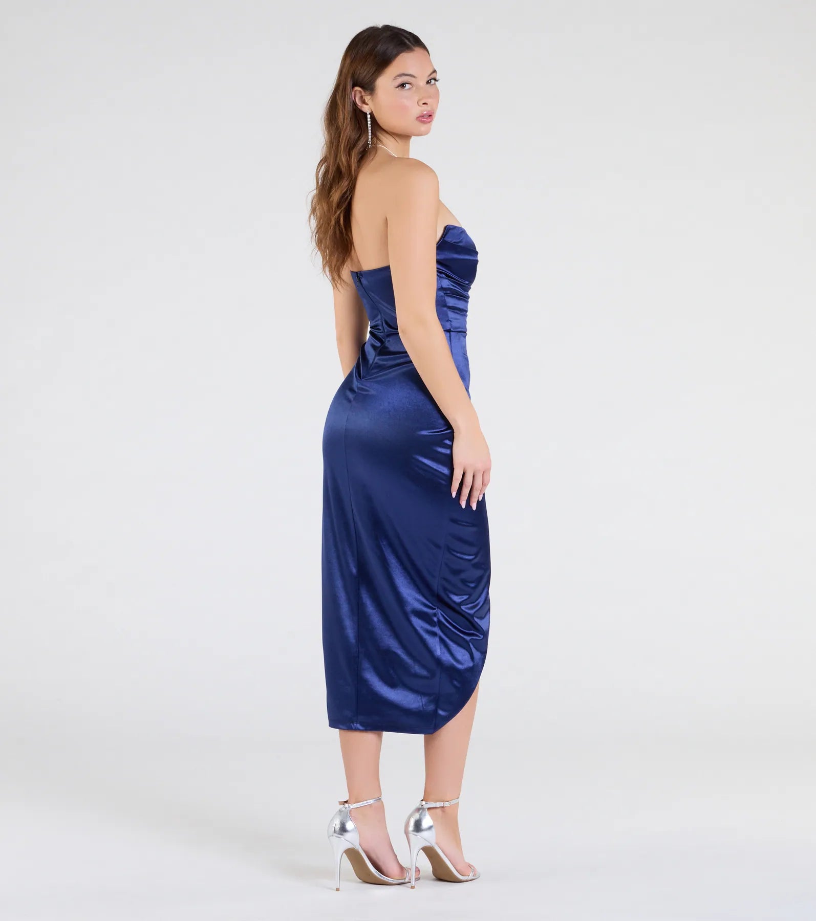 Premium Sianna Strapless Bodycon Satin Midi Dress - Ultimate Formal Elegance