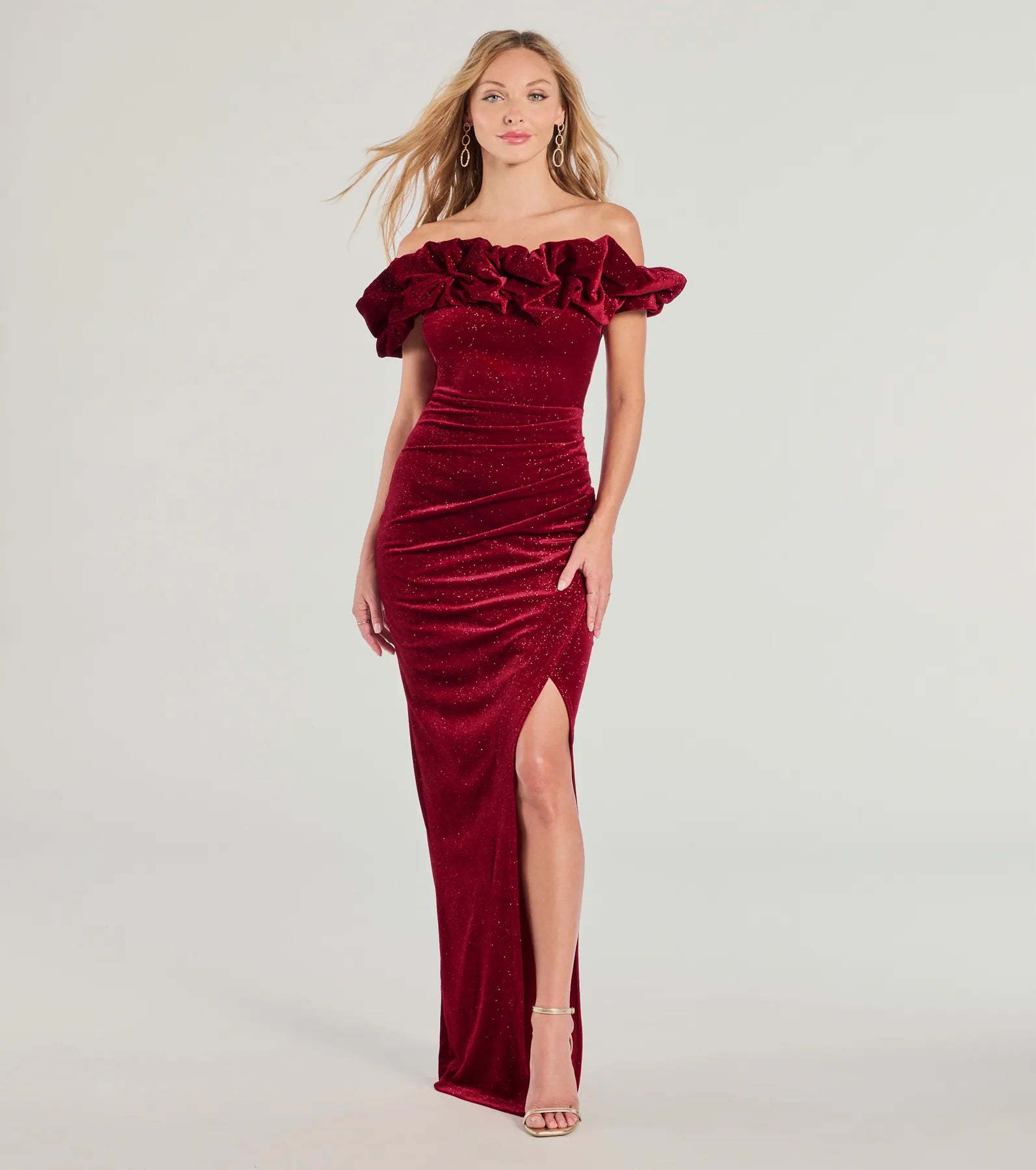 Premium Florence Glitter Velvet Off-The-Shoulder Evening Gown