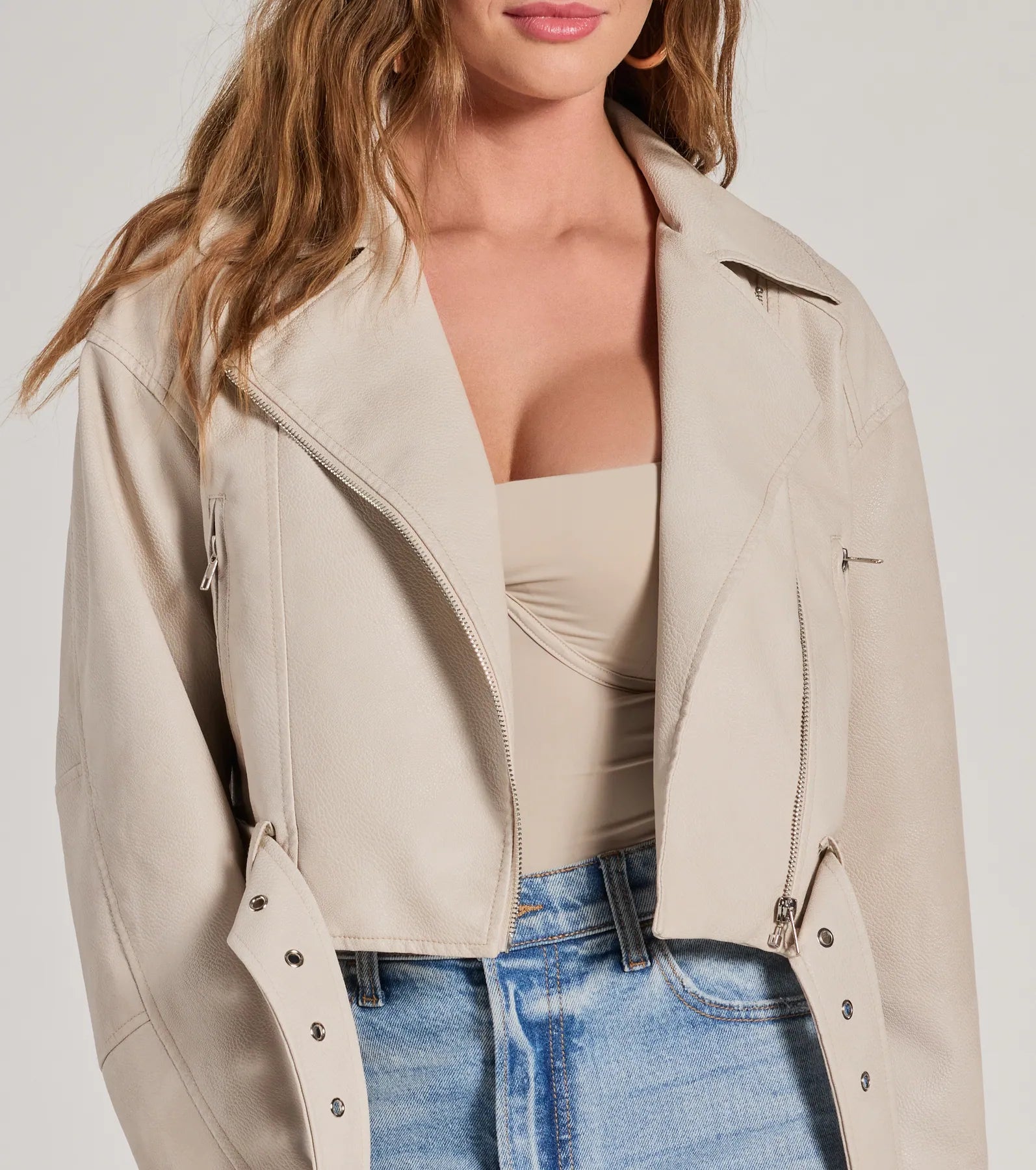 Premium Oversized Faux Leather Moto Jacket with Belted Accents