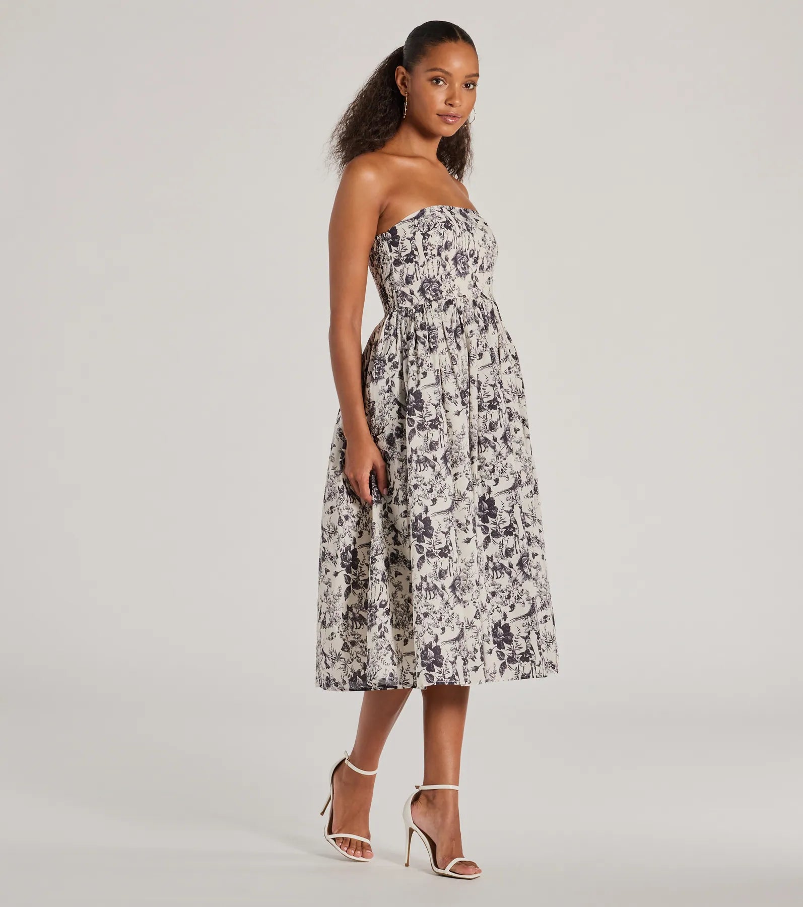 Premium Floral Forest Strapless Midi Dress – Ultimate A-Line Style