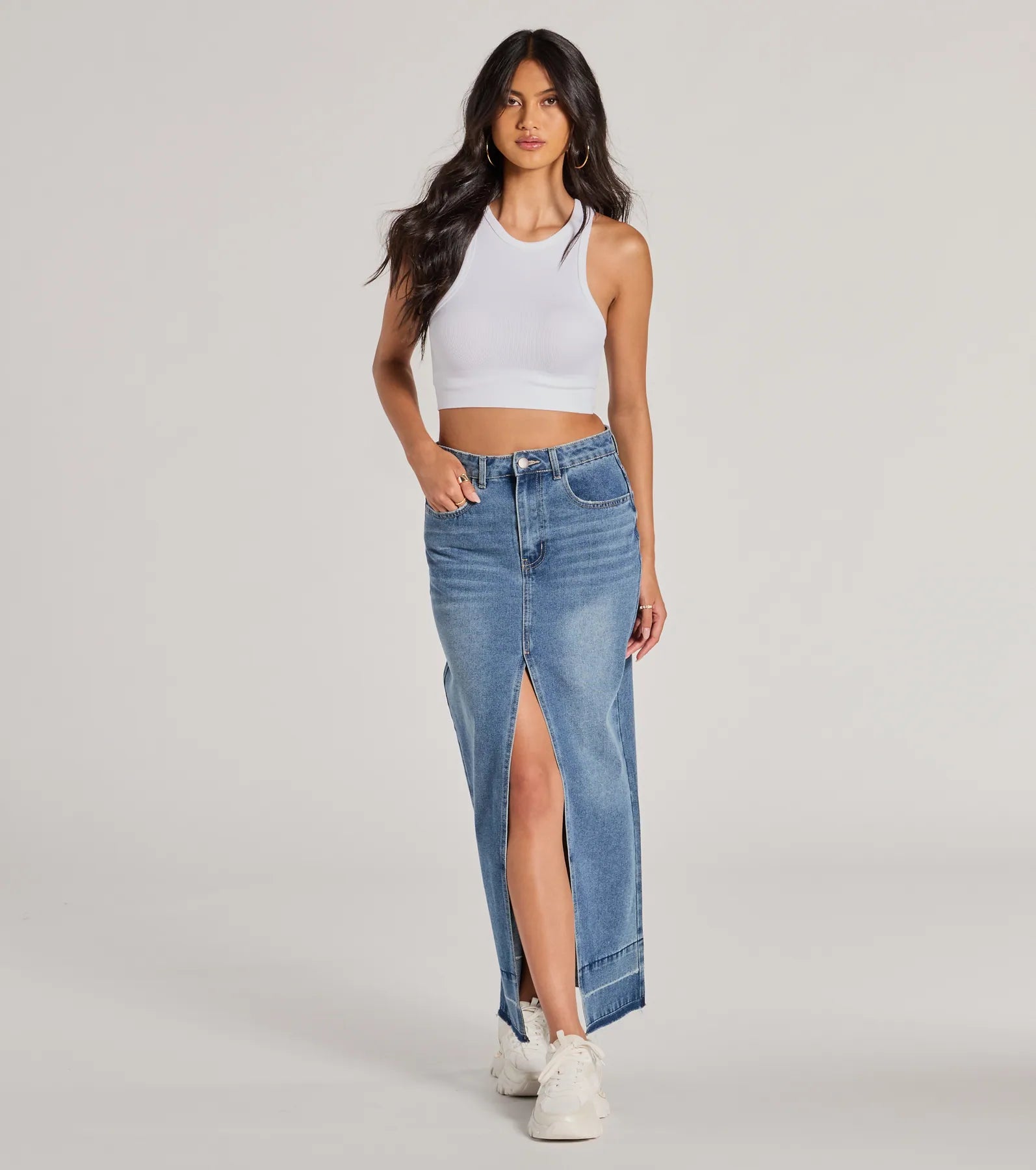 Ultimate Vibe High Slit Denim Maxi Skirt