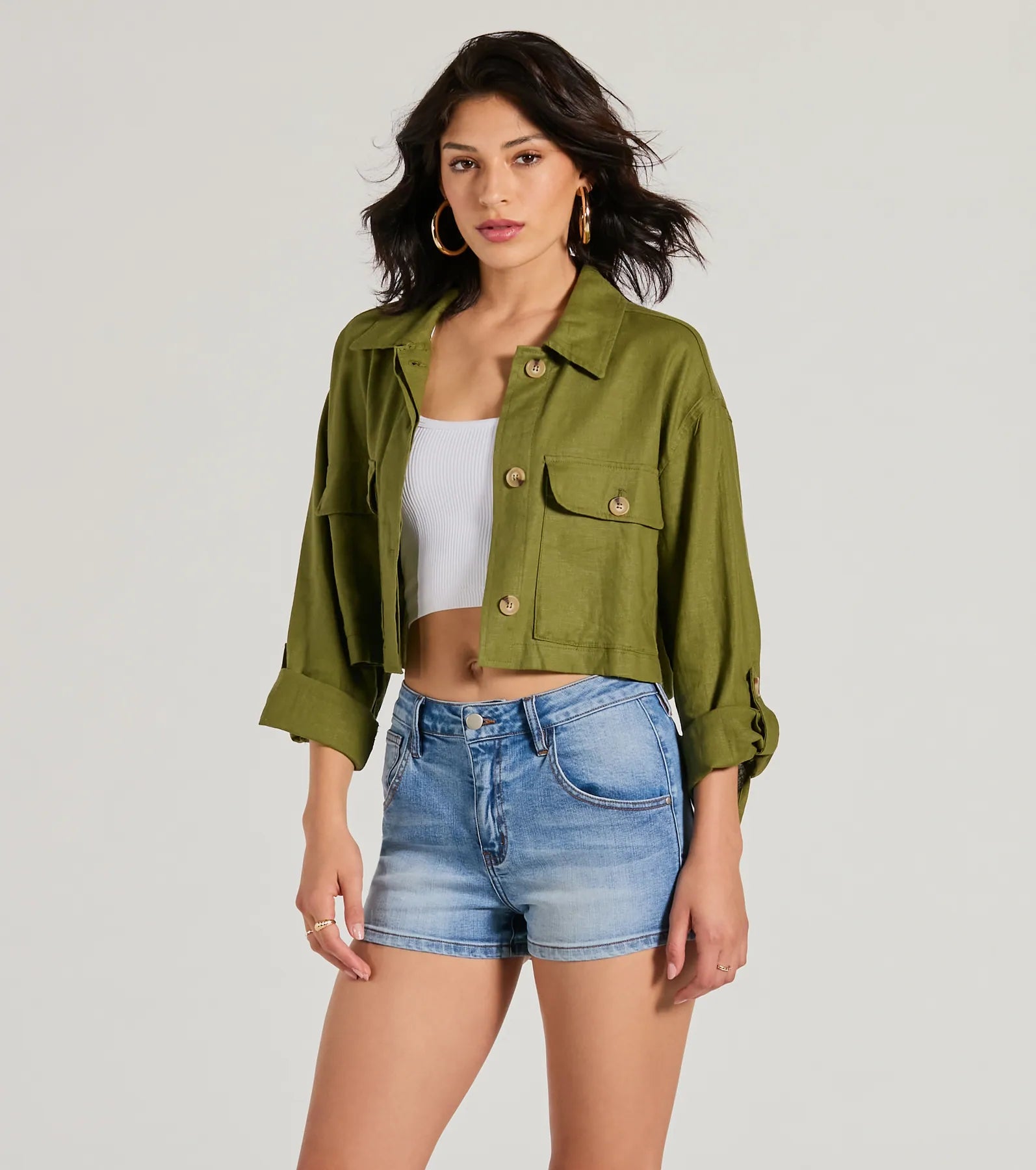 Premium Linen Blend Button-Up Cropped Shacket - Effortless Style Upgrade