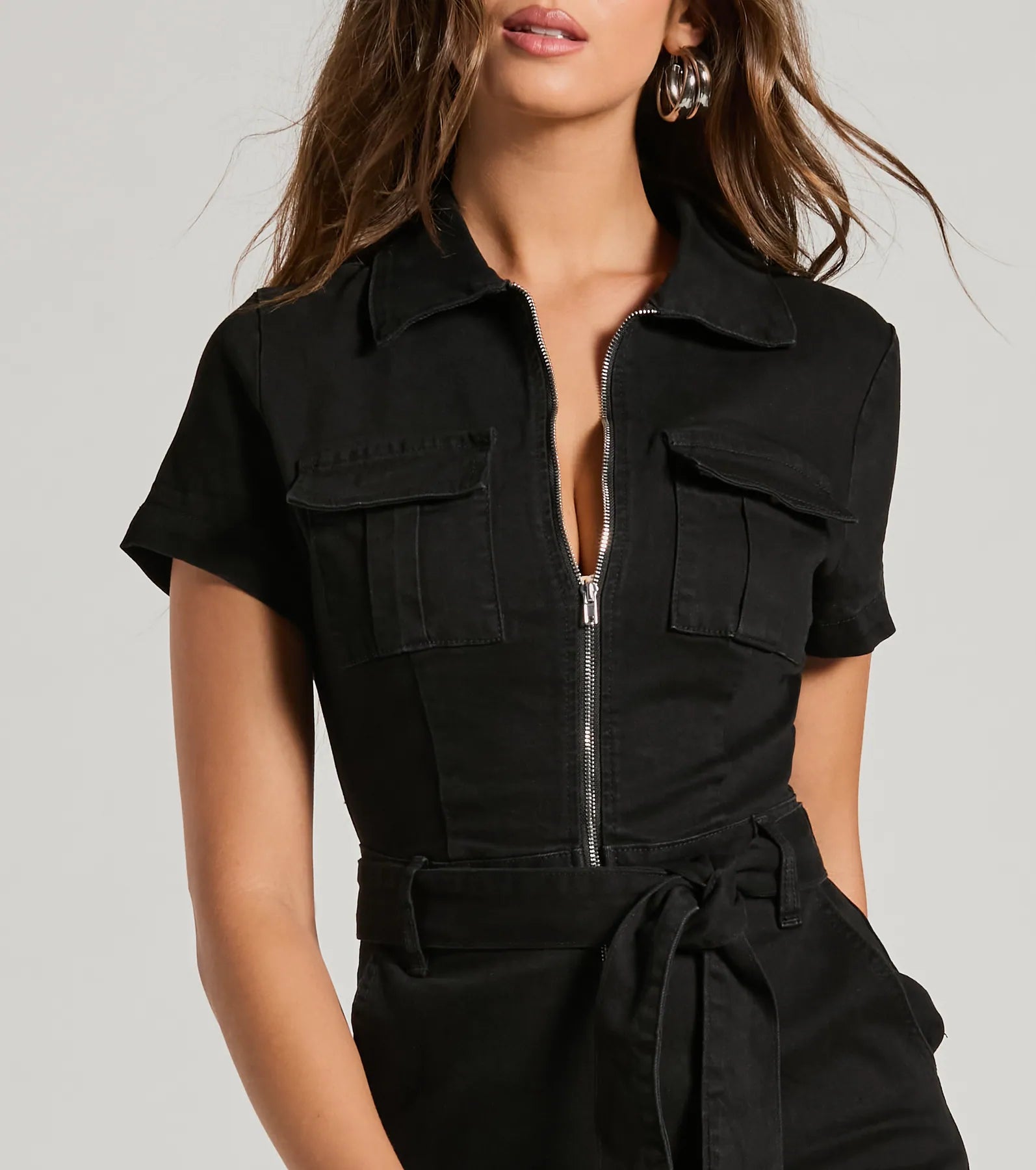 Premium Zip-Front Tie-Waist Denim Romper - Ultimate One-Piece Style