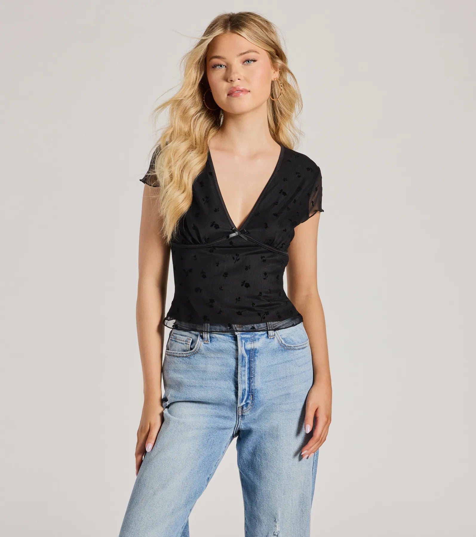 Premium V-Neck Floral Velvet Mesh Top - Upgrade Your Style